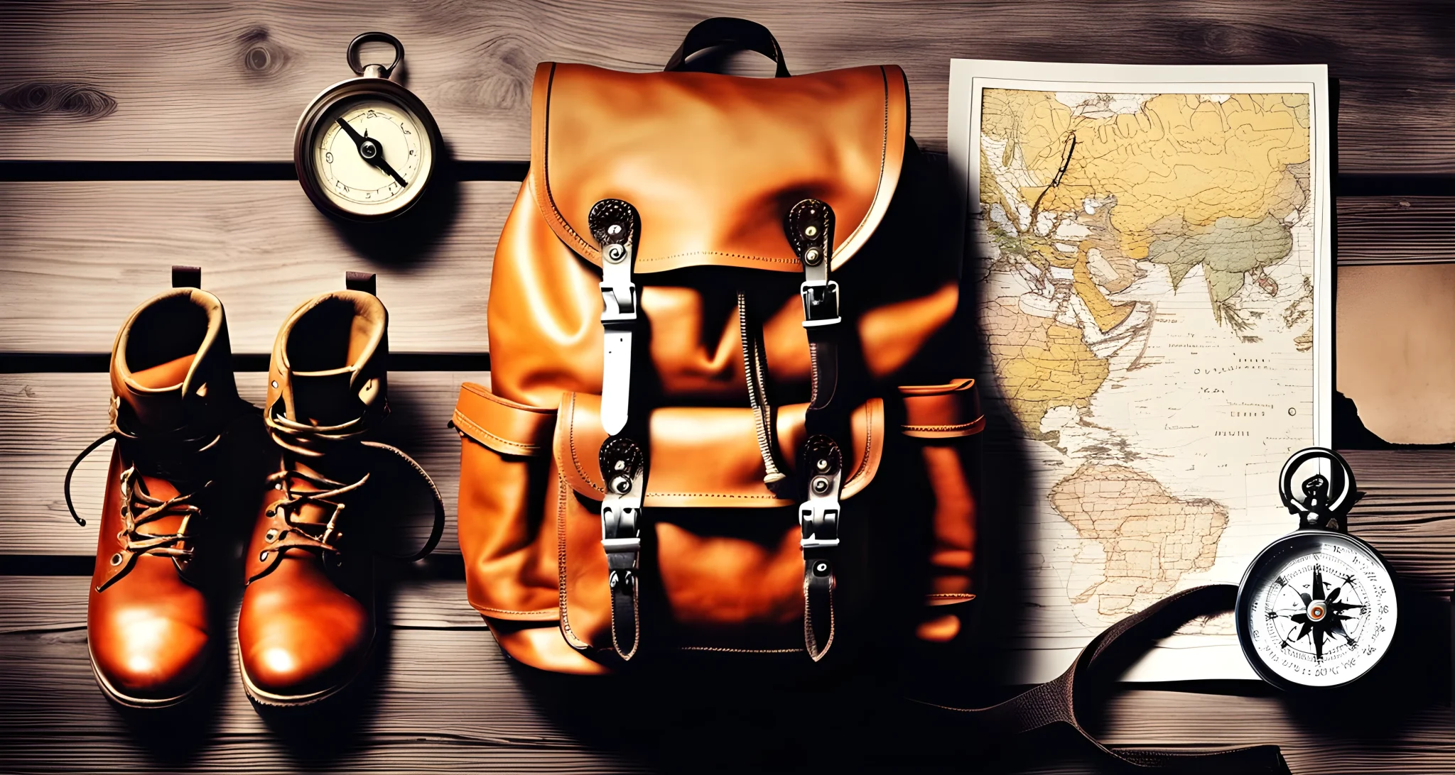 A backpack, hiking boots, a map and a compass.