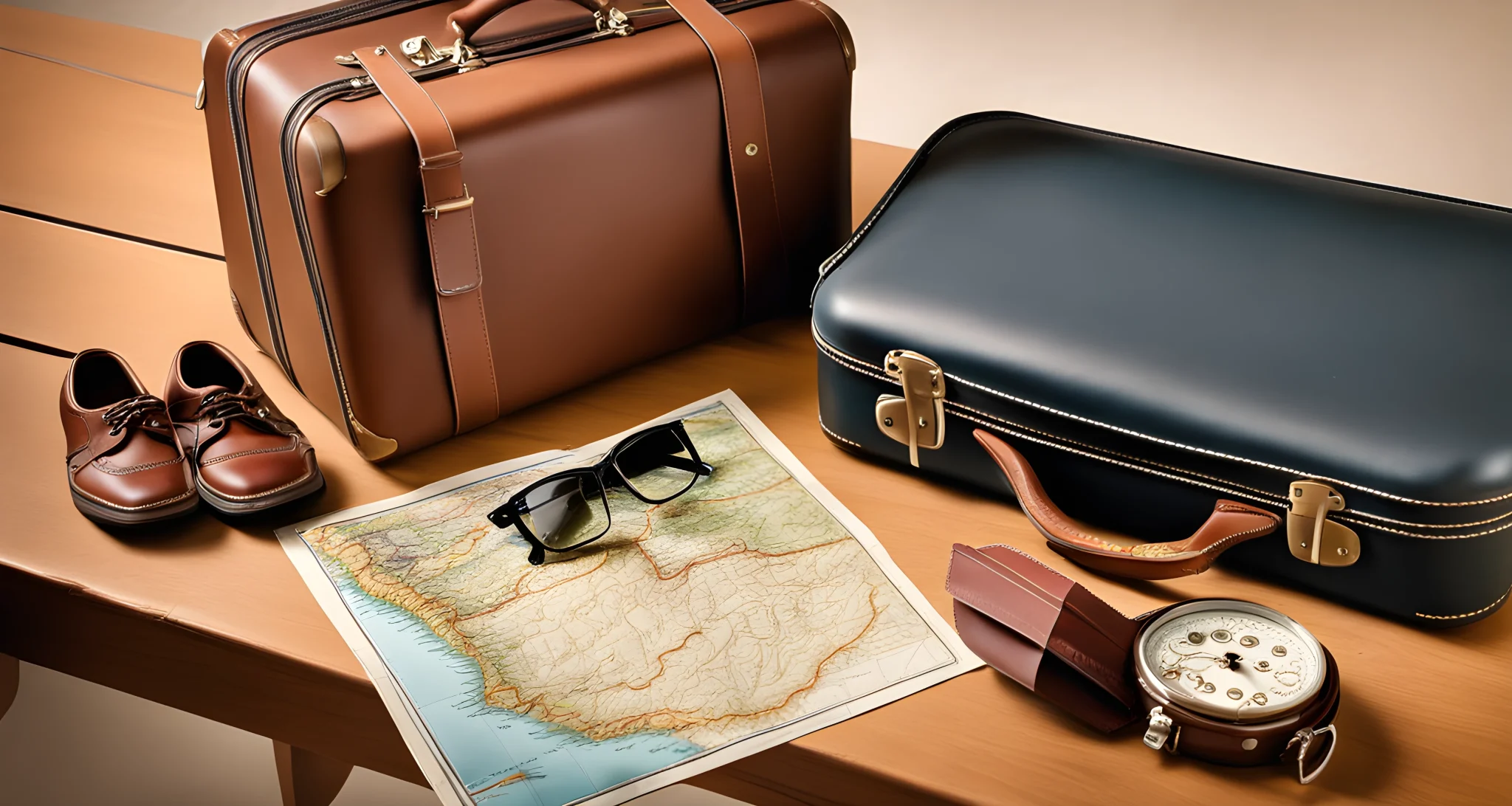 A family packing suitcases, a map, and a wallet.