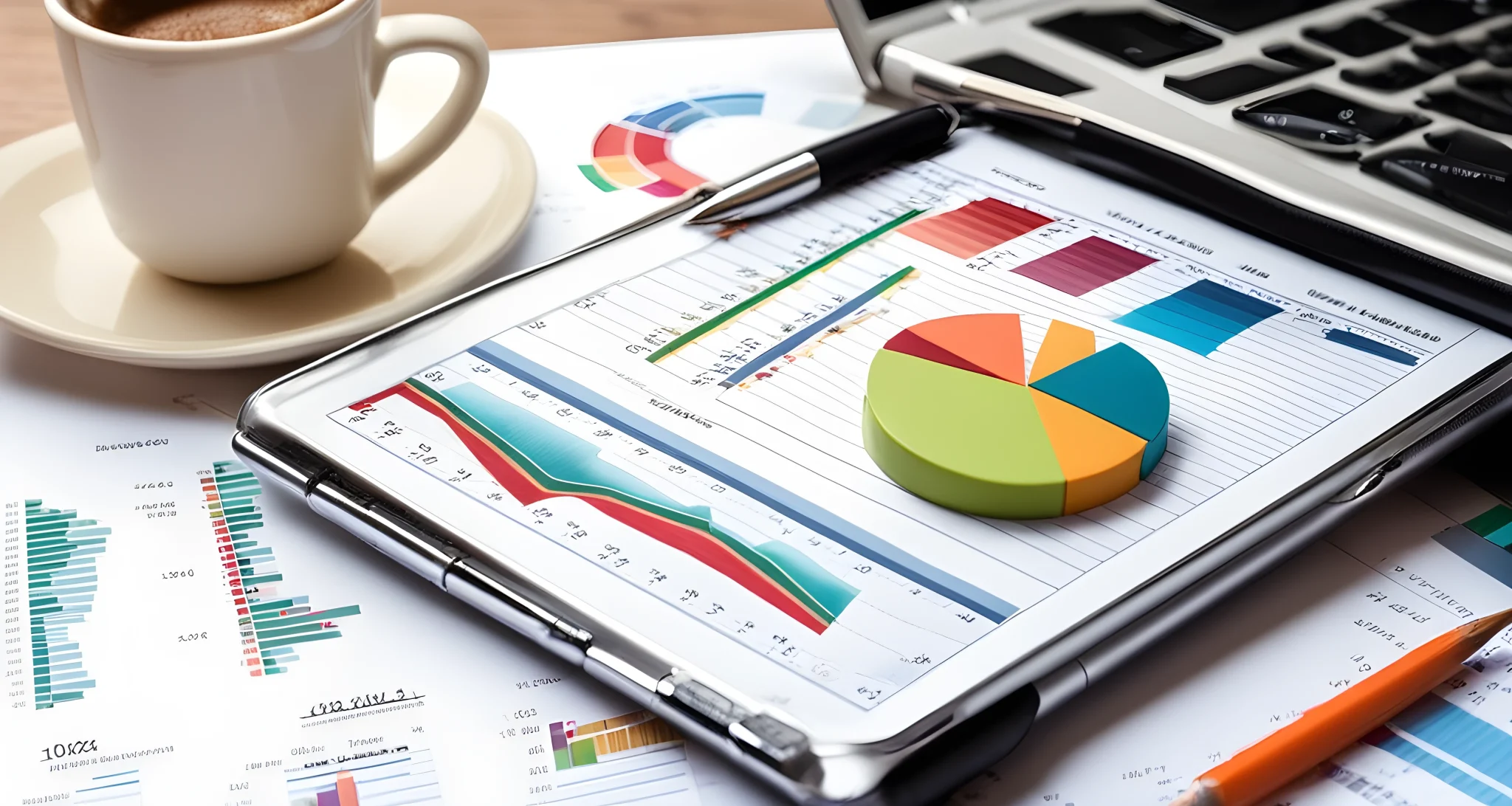 A laptop and a detailed travel budget spreadsheet with colorful graphs and charts.