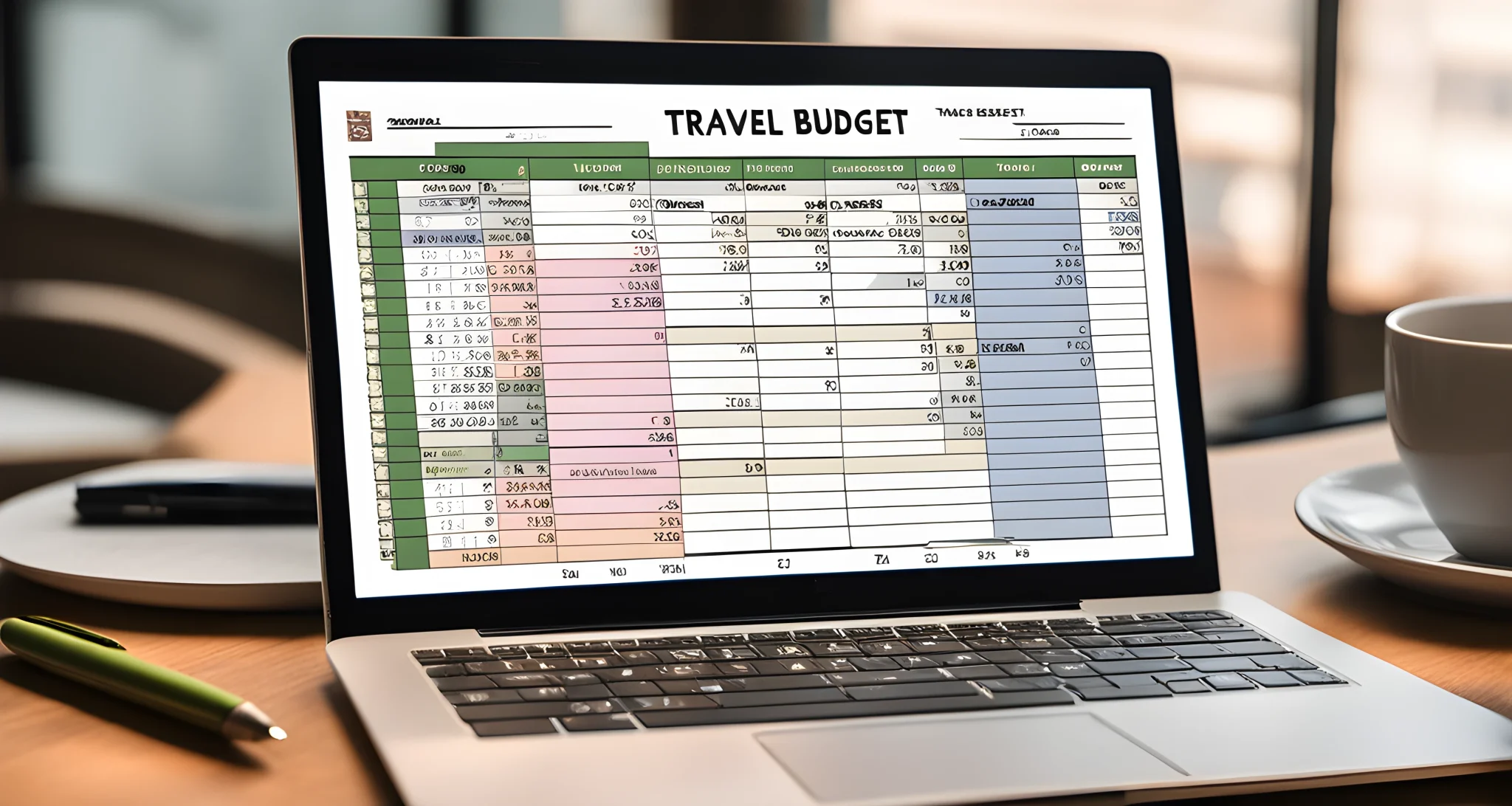 A laptop, notebook, and pen are shown on a desk with a detailed travel budget spreadsheet displayed on the laptop screen.