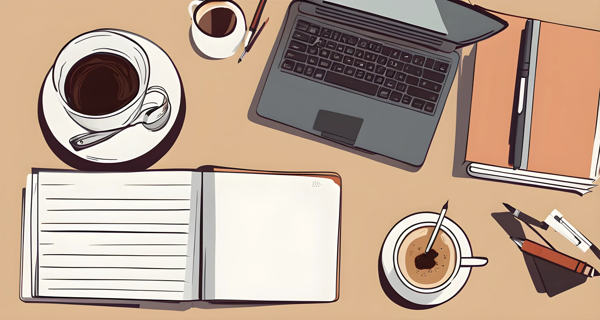 A laptop, notebook, and pen sit on a table with a cup of coffee.