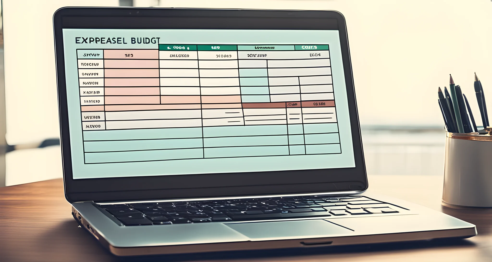 A laptop open to a detailed travel budget spreadsheet with categories for expenses and a breakdown of costs.