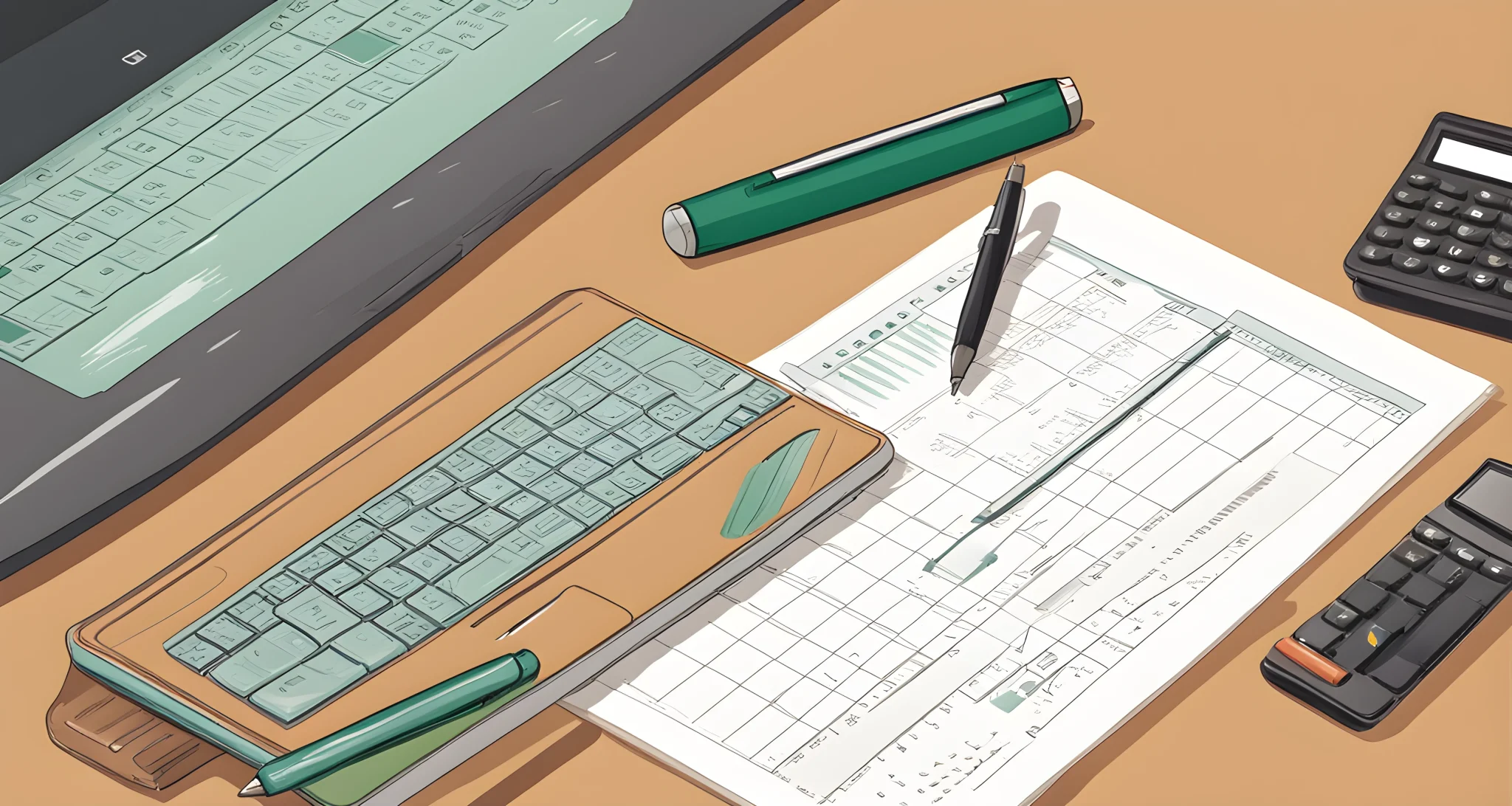 A laptop, spreadsheet, calculator, and pen on a desk.