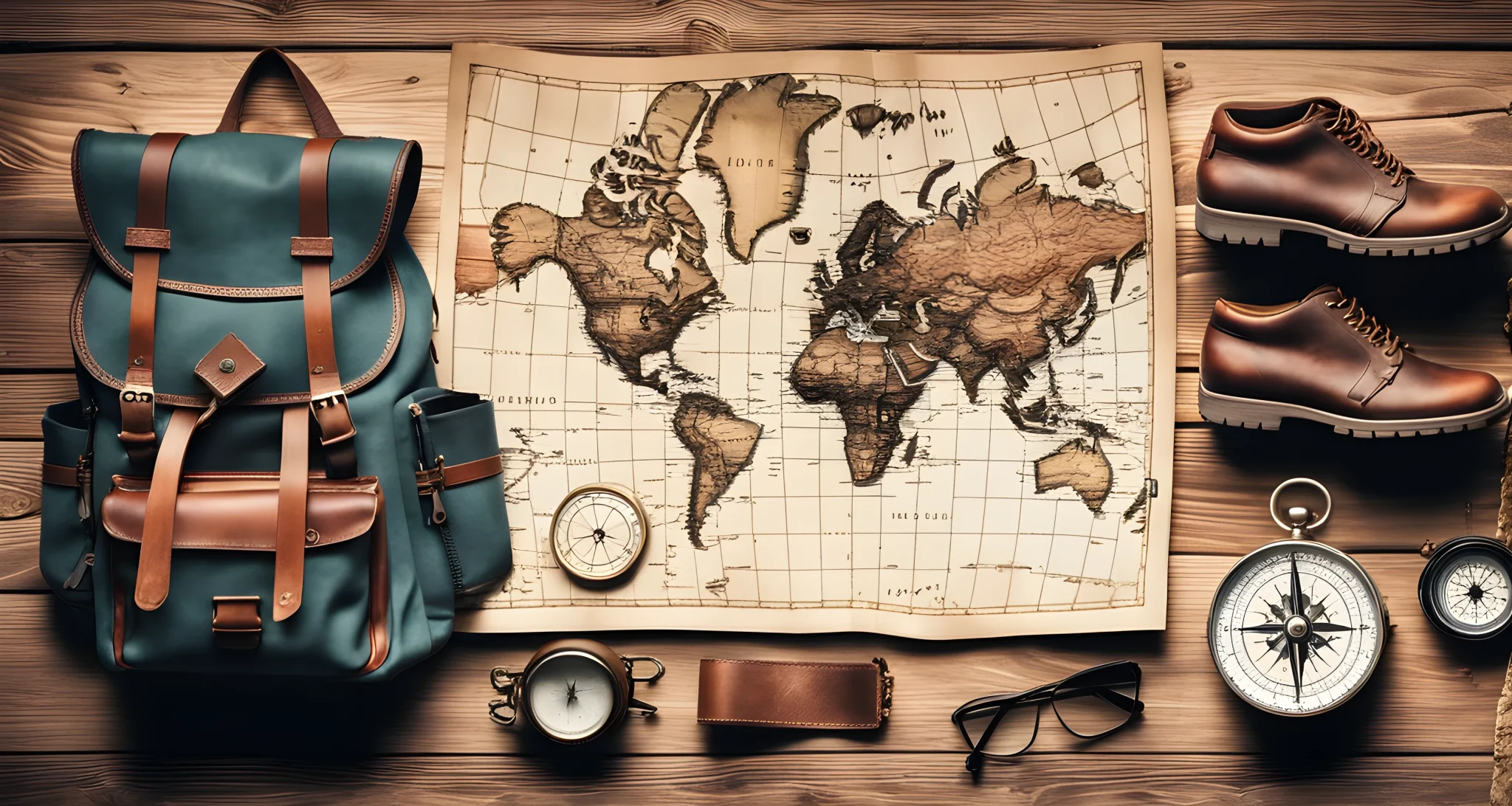 A map, a compass, and a backpack are laid out on a wooden table.