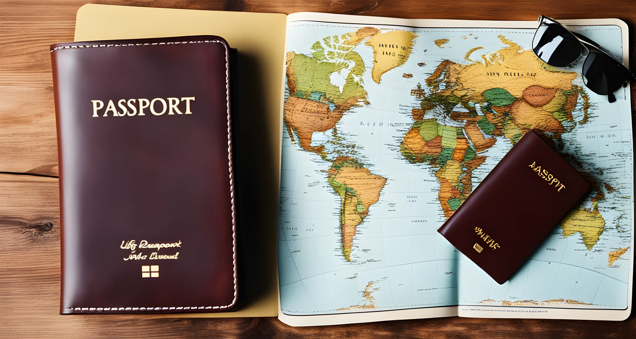 A passport, map, and wallet are laid out on a table.