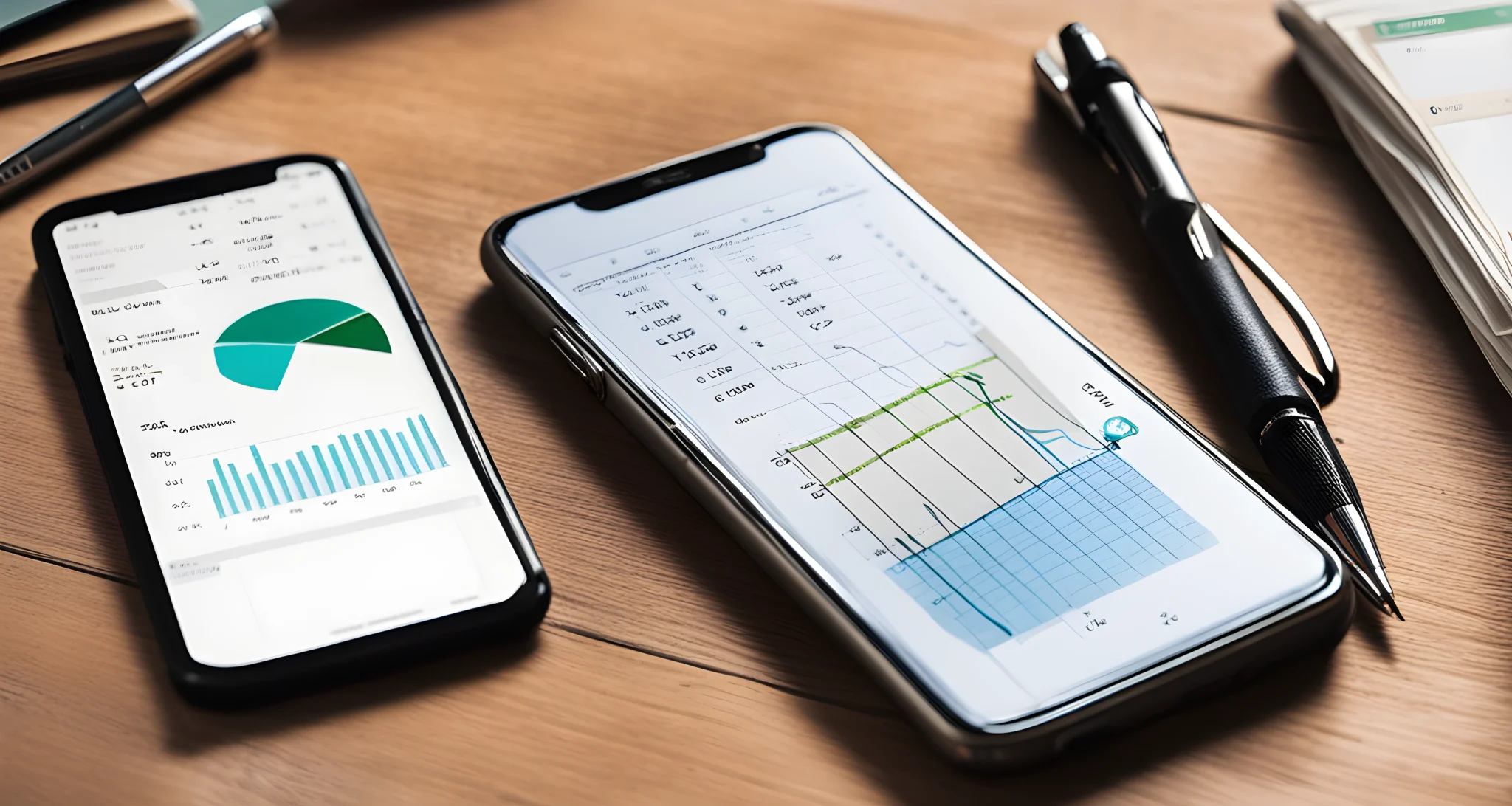 A photo of a travel journal, a pen, and a smartphone with a budgeting app open on the screen.