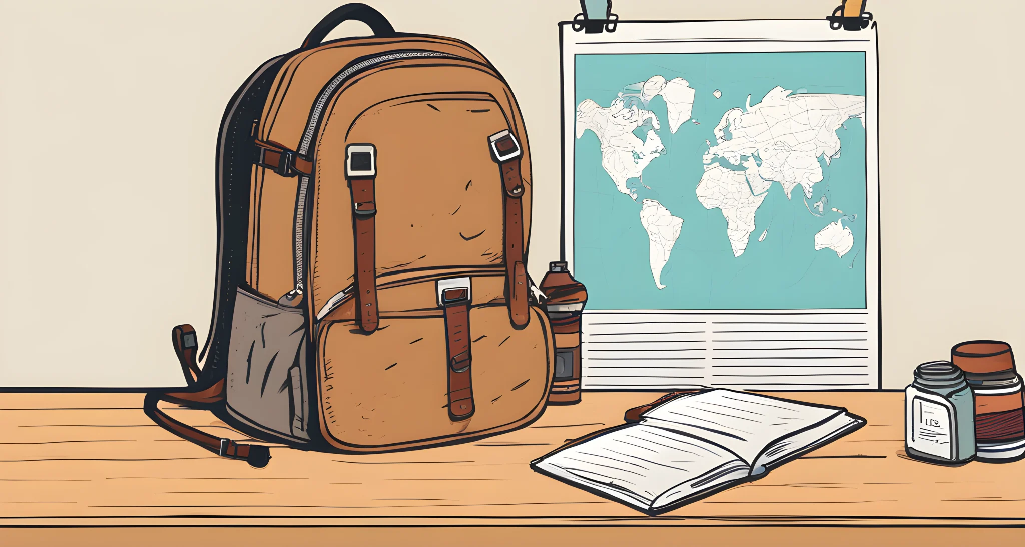 A photograph of a single traveler's backpack, a map, and a small notebook on a table in a hostel common area.