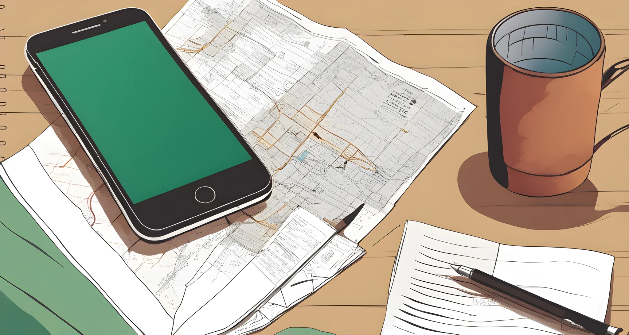 A smartphone, a journal, and a pen on a table with a receipt and a map.