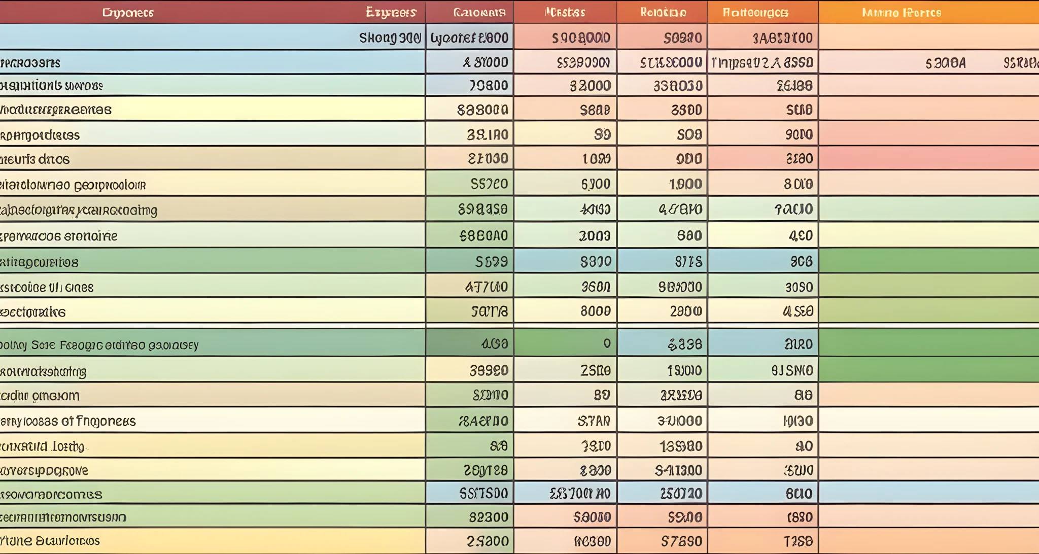 A spreadsheet with categories and subcategories for budgeting, including food, accommodation, transportation, activities, and miscellaneous expenses.