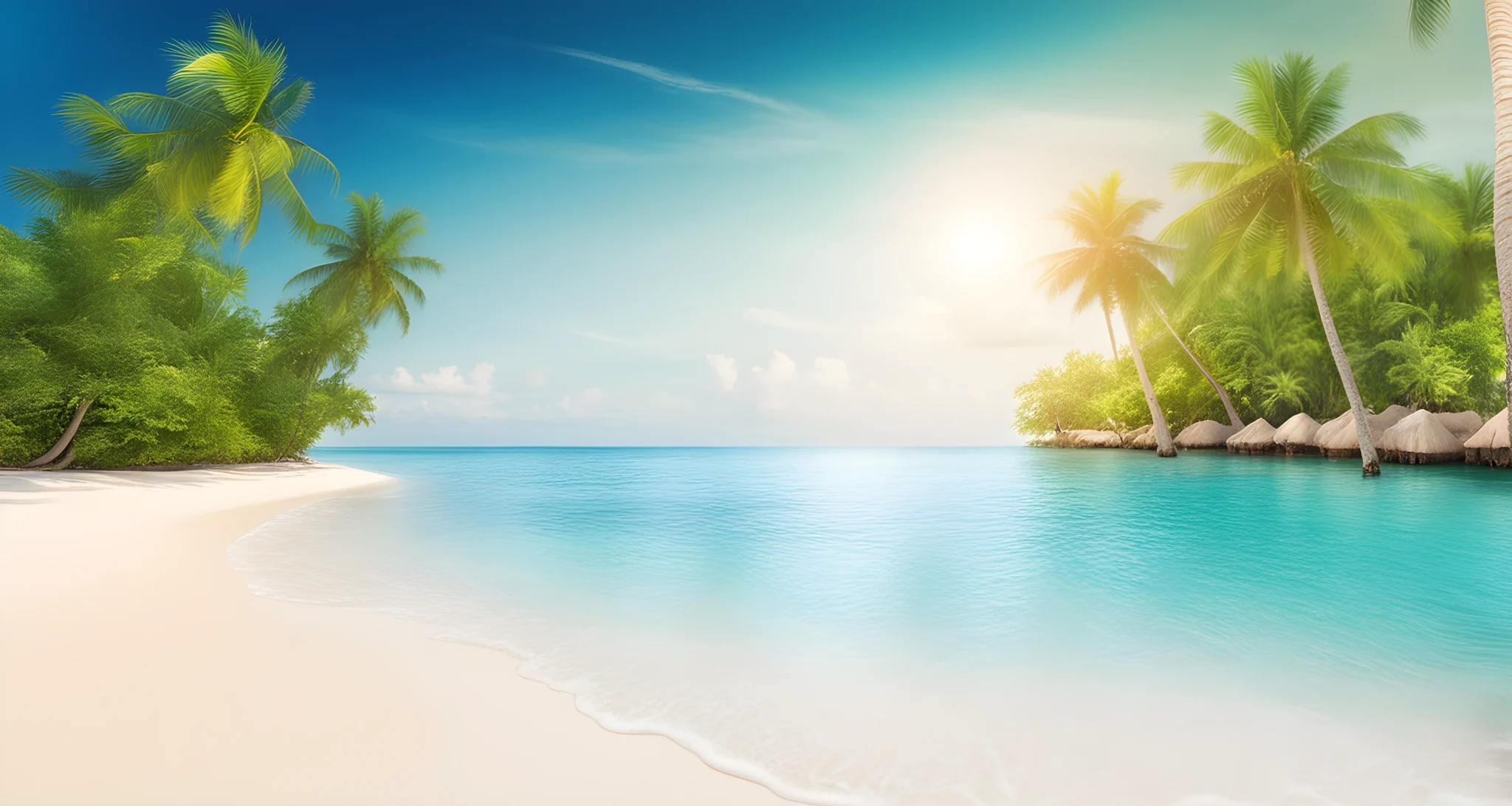 A white sandy beach with crystal clear water and palm trees.