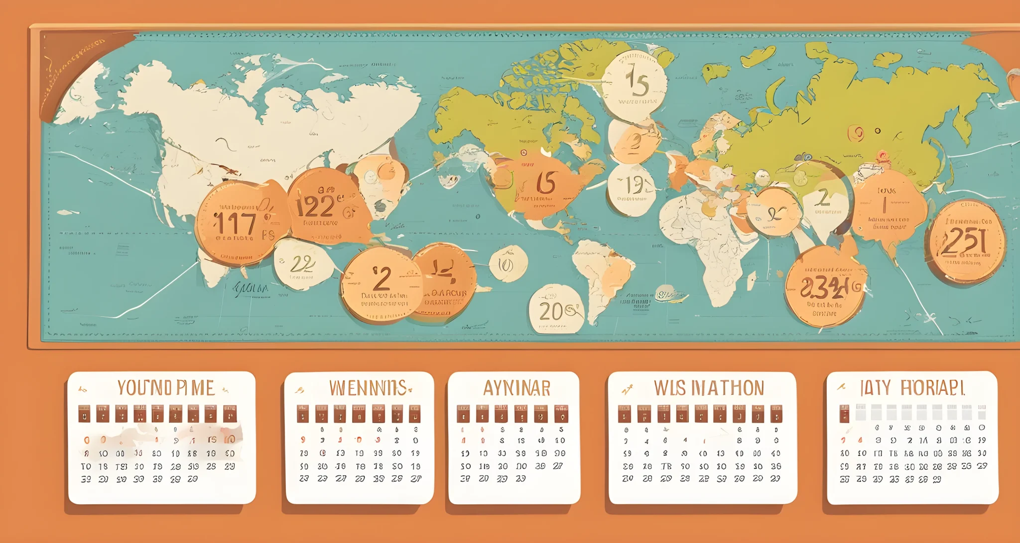 A world map with multiple destination pins and a calendar with different duration options.