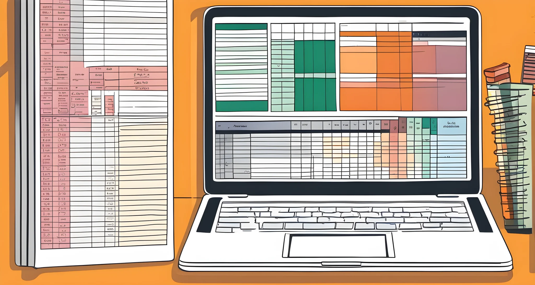 An image of a laptop open to a spreadsheet with columns for expenses, transportation, accommodations, and activities.