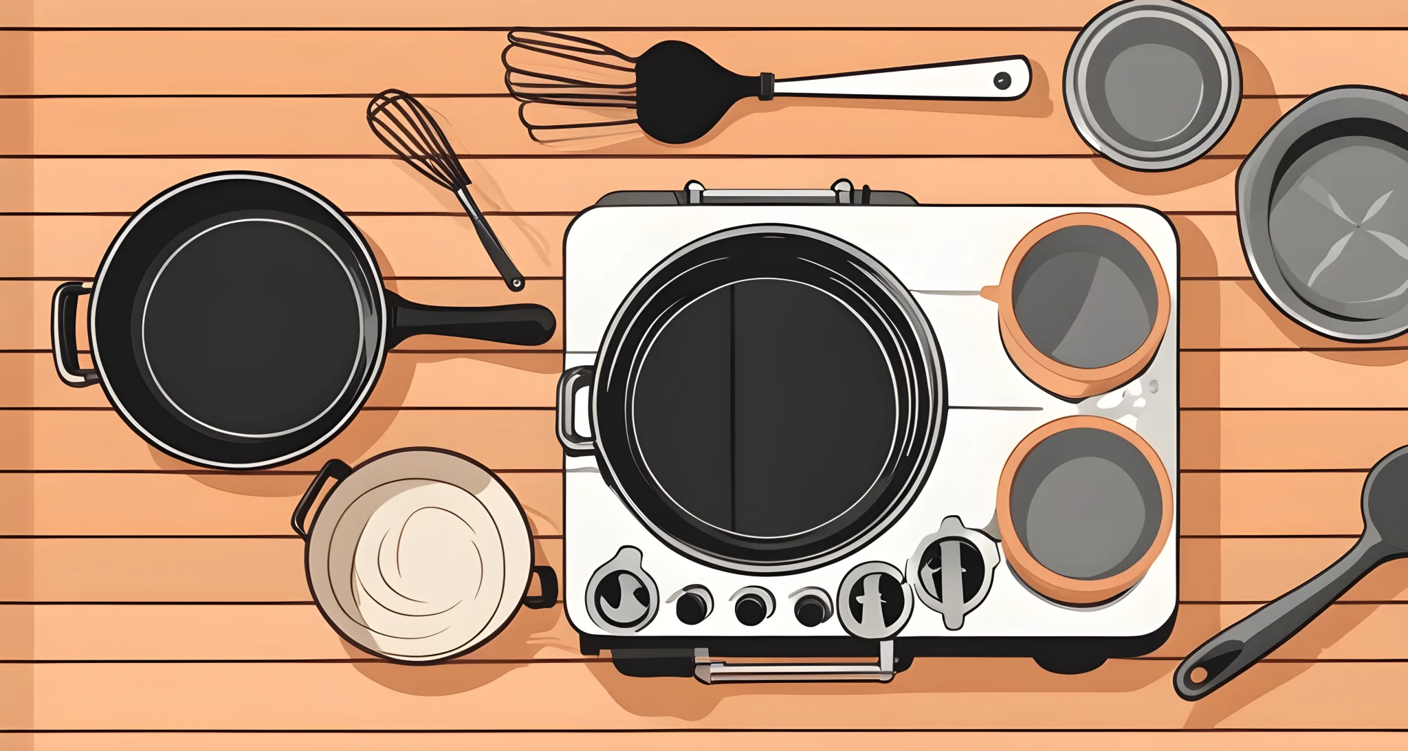 An overhead photo of a small portable stove, a pan, and various cooking utensils on a countertop.