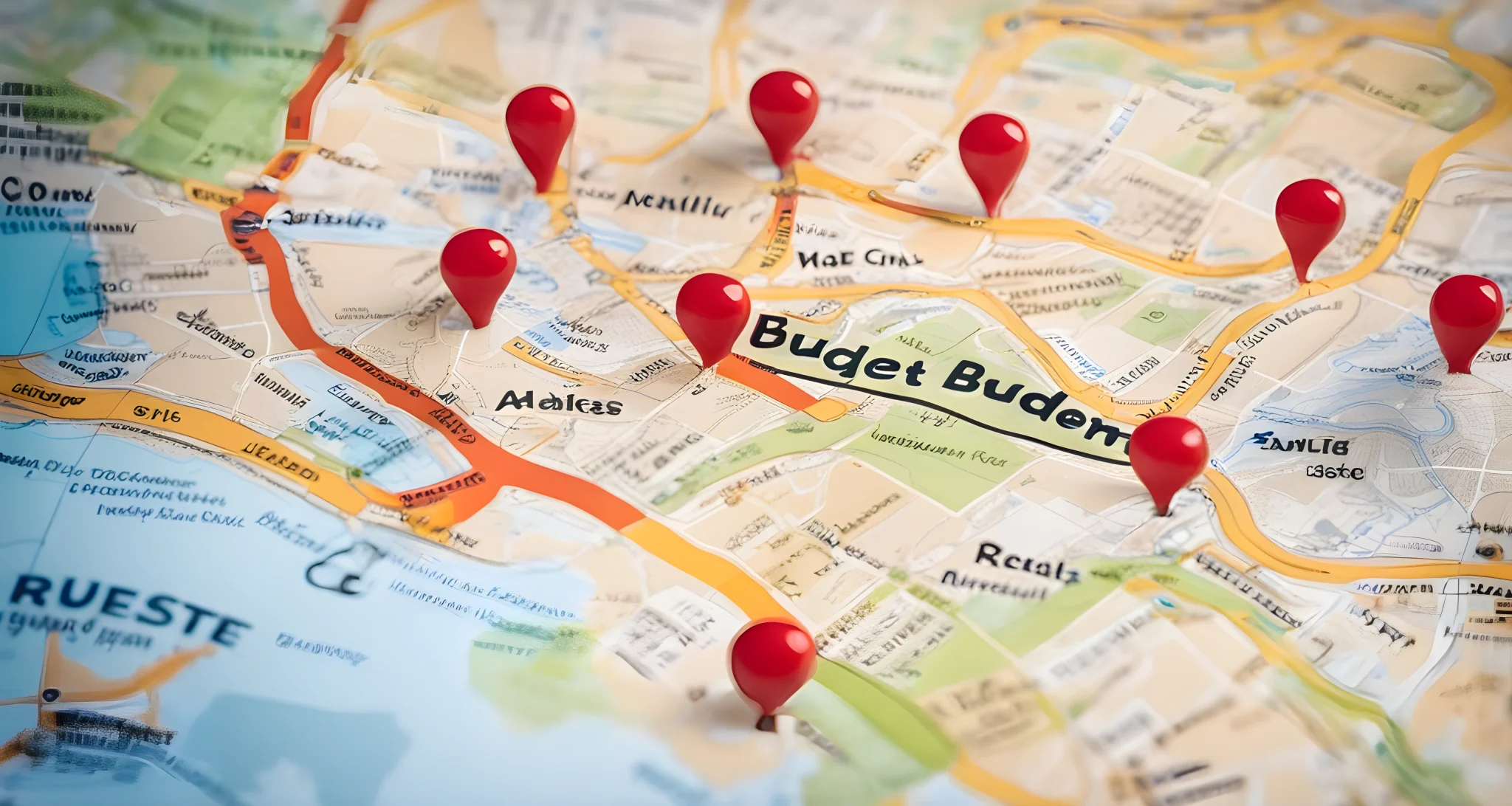 Image shows a map with budget accommodations and expense categories.