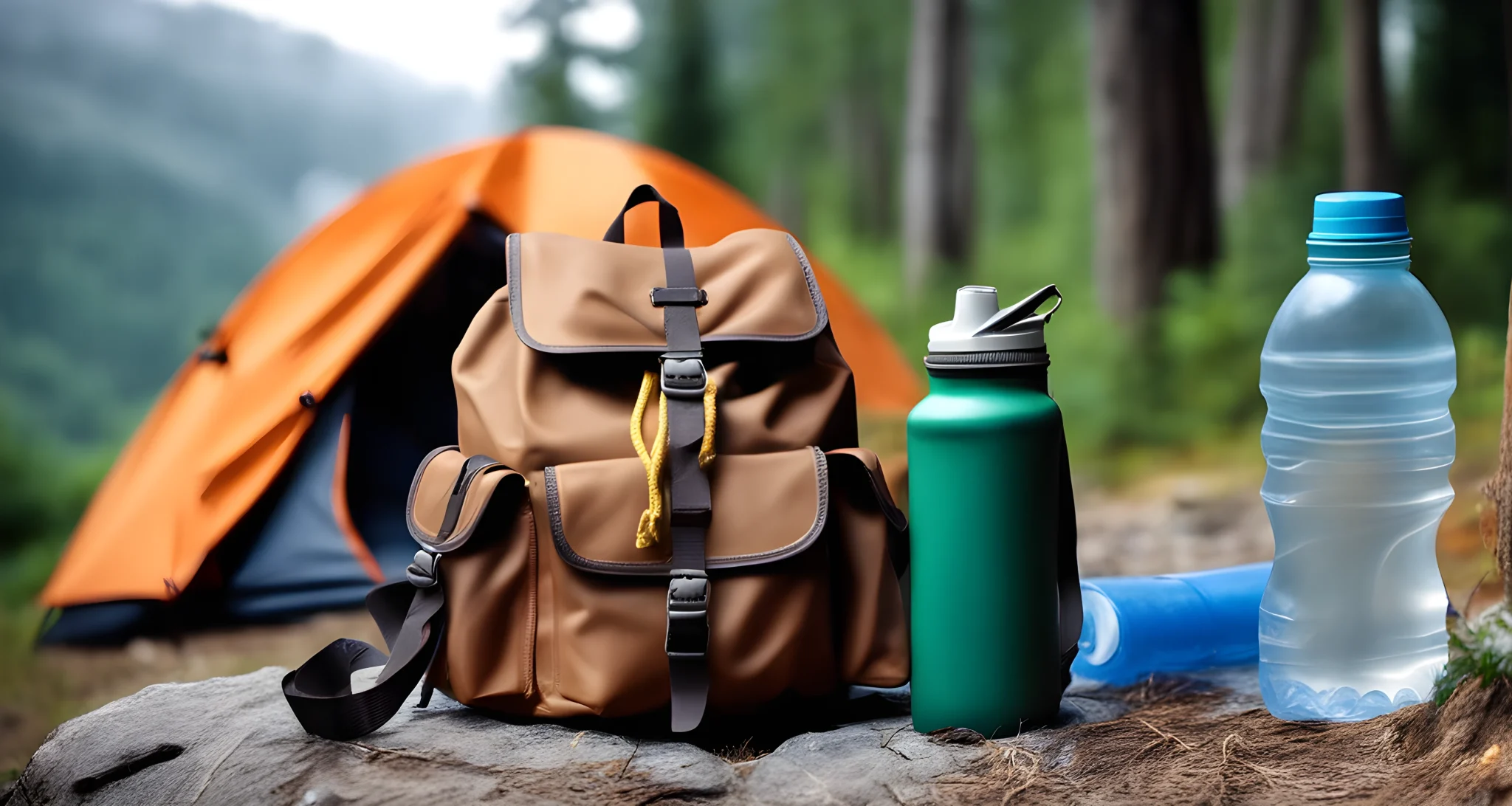 In the image, there are a backpack, a map, a water bottle, and a small tent placed on the ground.