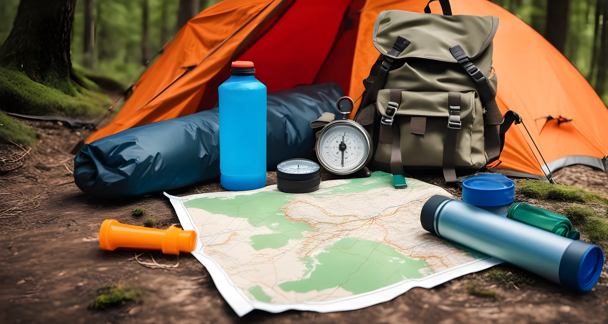 In the image, there are a backpack, a sleeping bag, a tent, a water bottle, a map, and a compass.