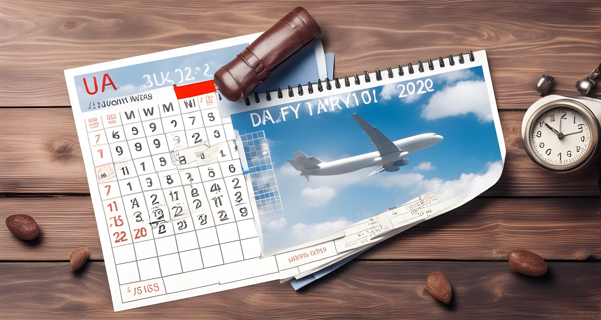 In the image, there are two airplane tickets and a calendar with dates circled.