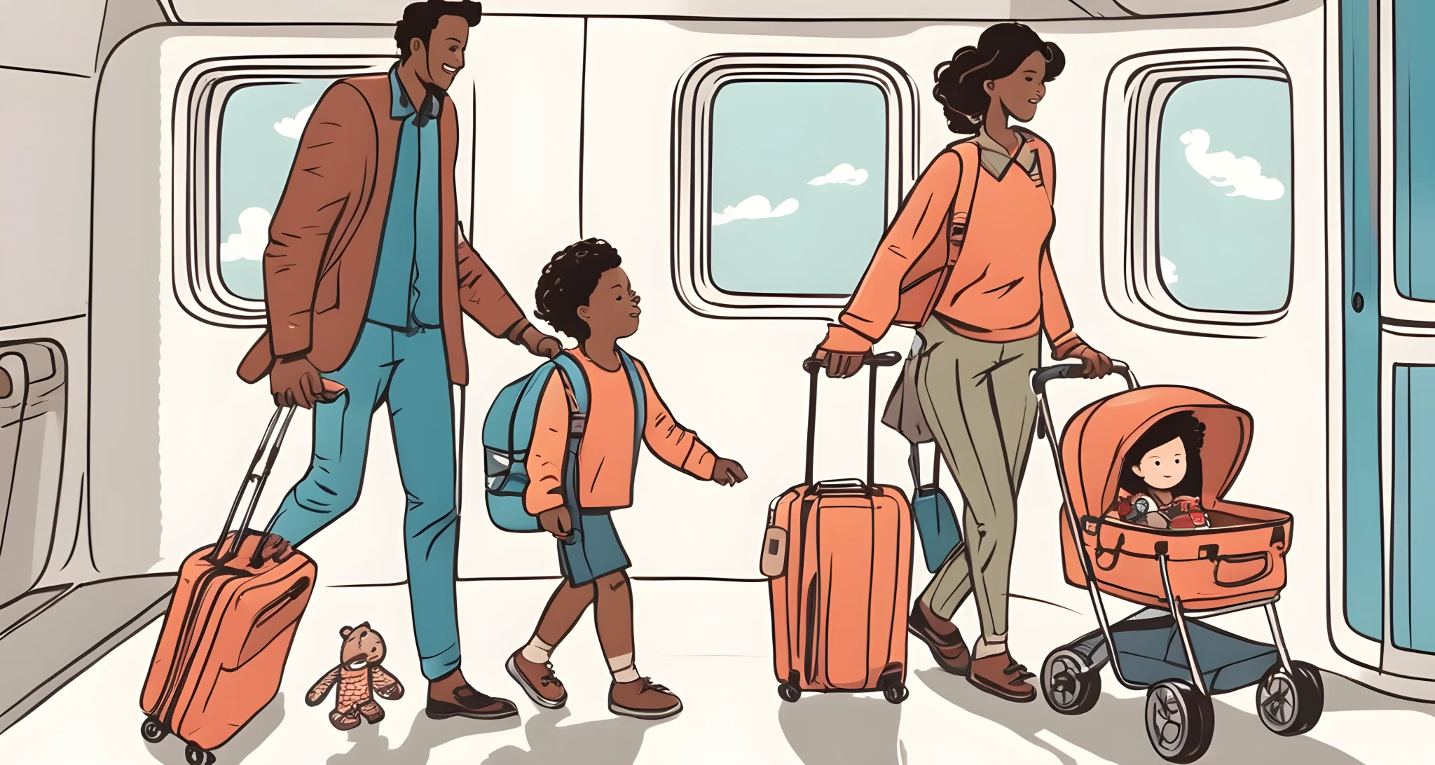 In the image, there are two suitcases packed with clothes, toys, and travel essentials, a stroller, and a family boarding a plane.