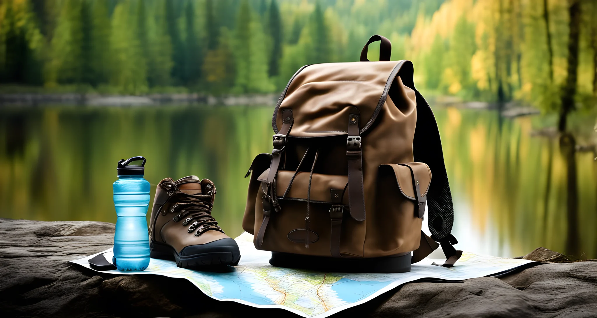 In the image, there is a backpack, a map, a water bottle, and a pair of hiking boots.