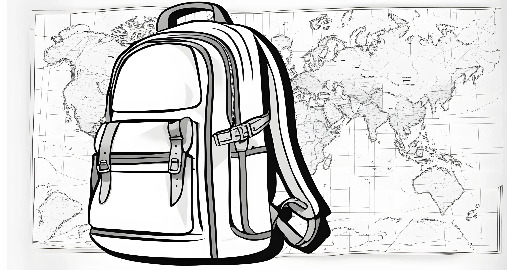 In the image, there is a backpack, a map, and a pencil.