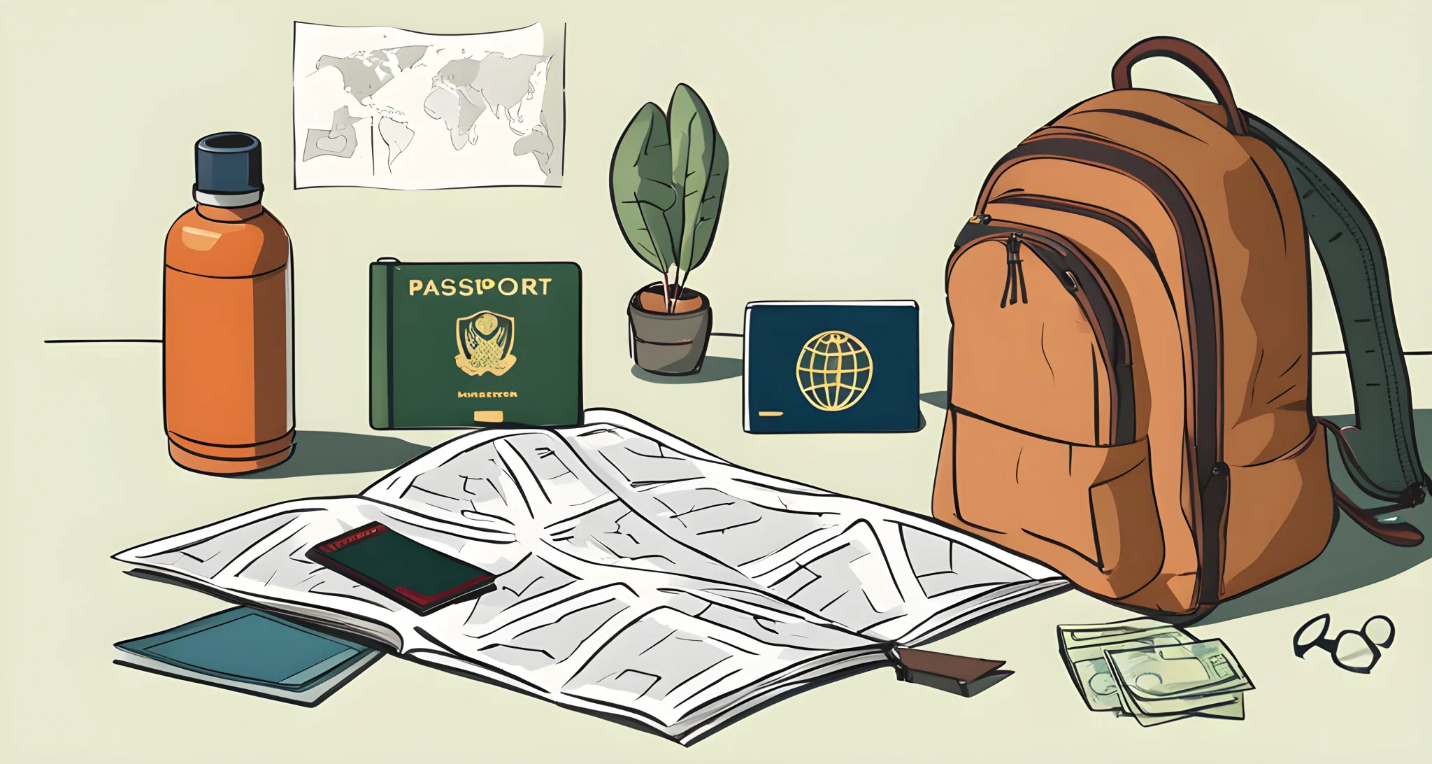 In the image, there is a backpack, a map, and a passport.