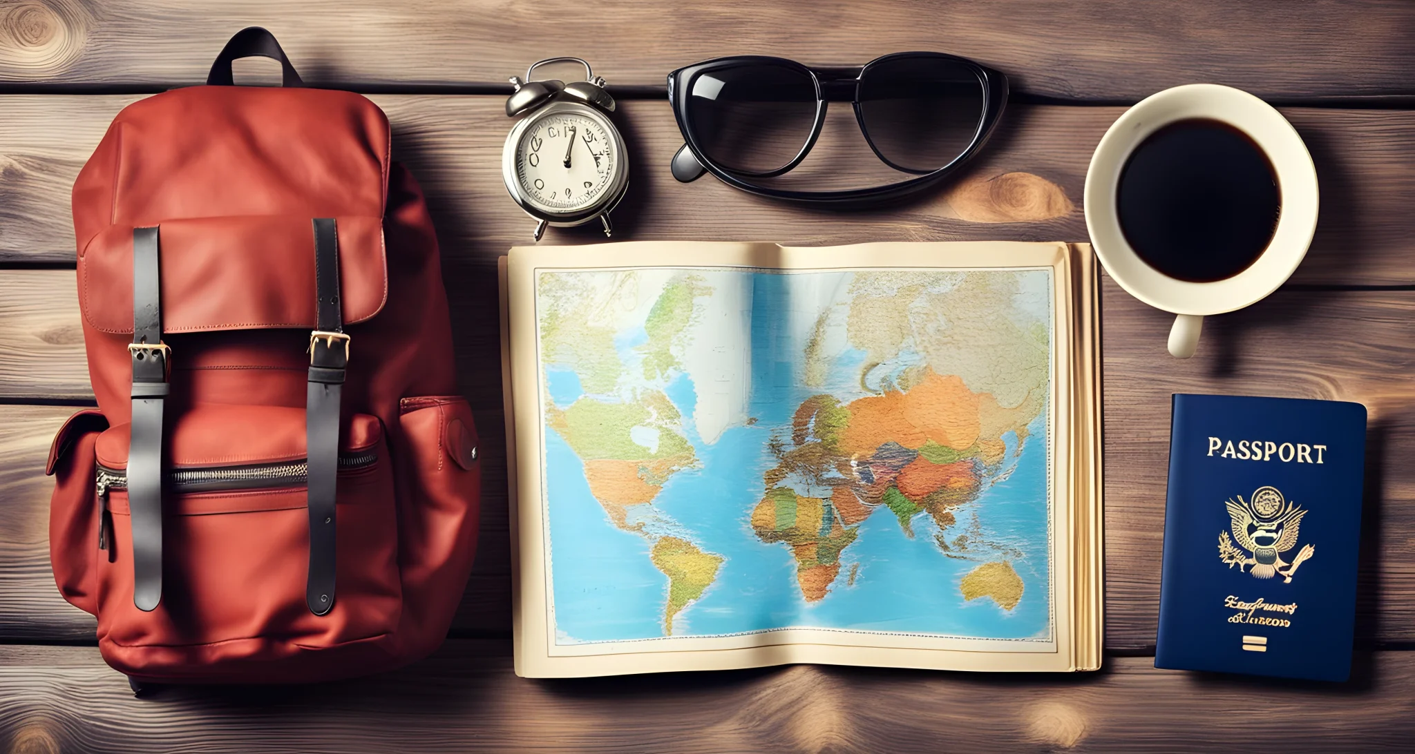 In the image, there is a backpack, a passport, and a map.