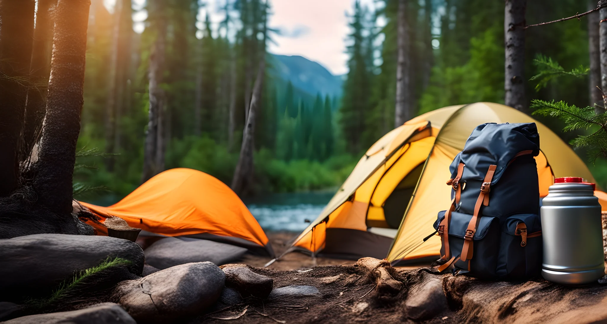 In the image, there is a backpack, a sleeping bag, a tent, a camping stove, and a water bottle.