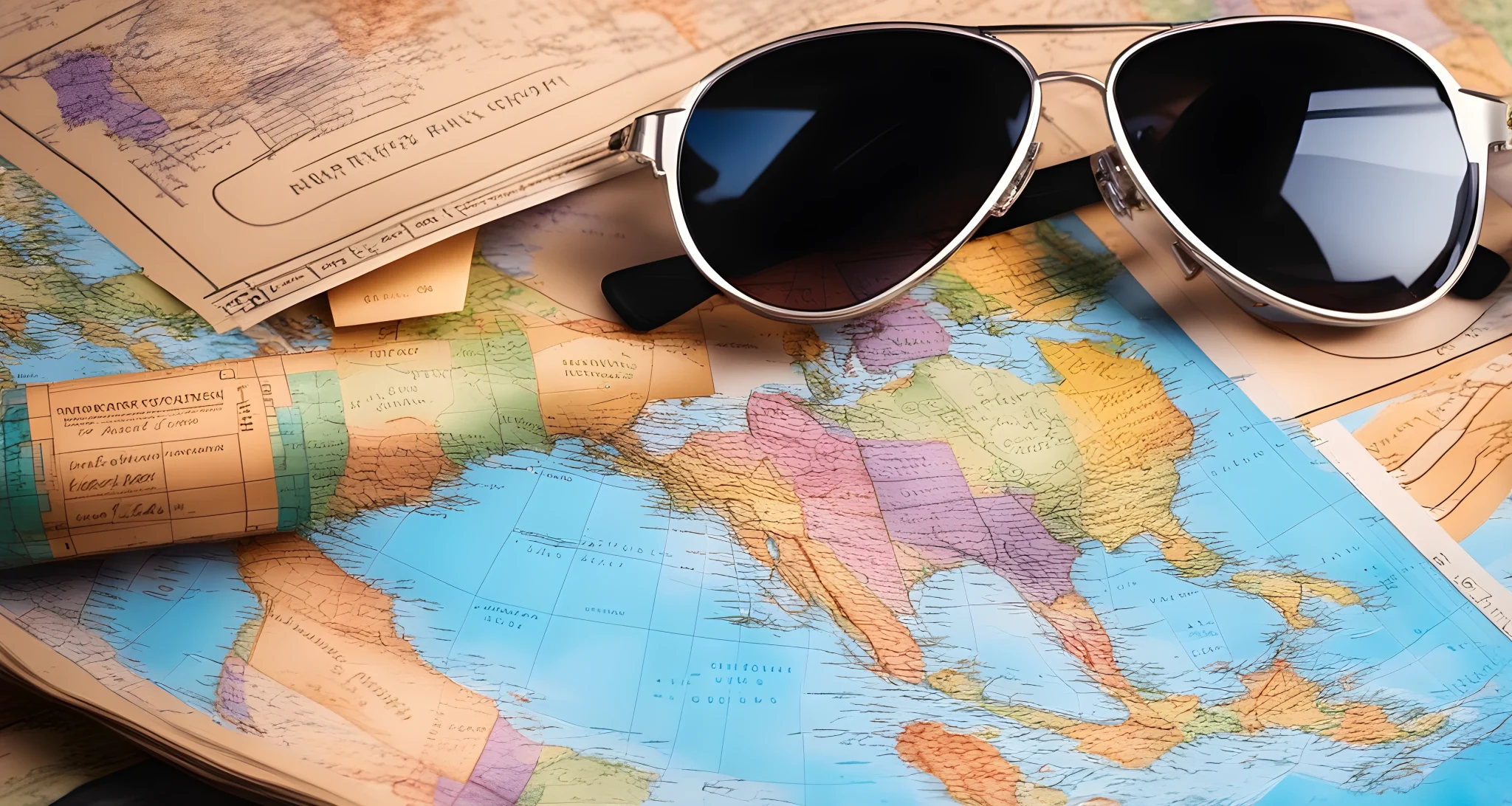 In the image, there is a colorful map with various destinations marked, a pair of sunglasses, and a passport with boarding passes.