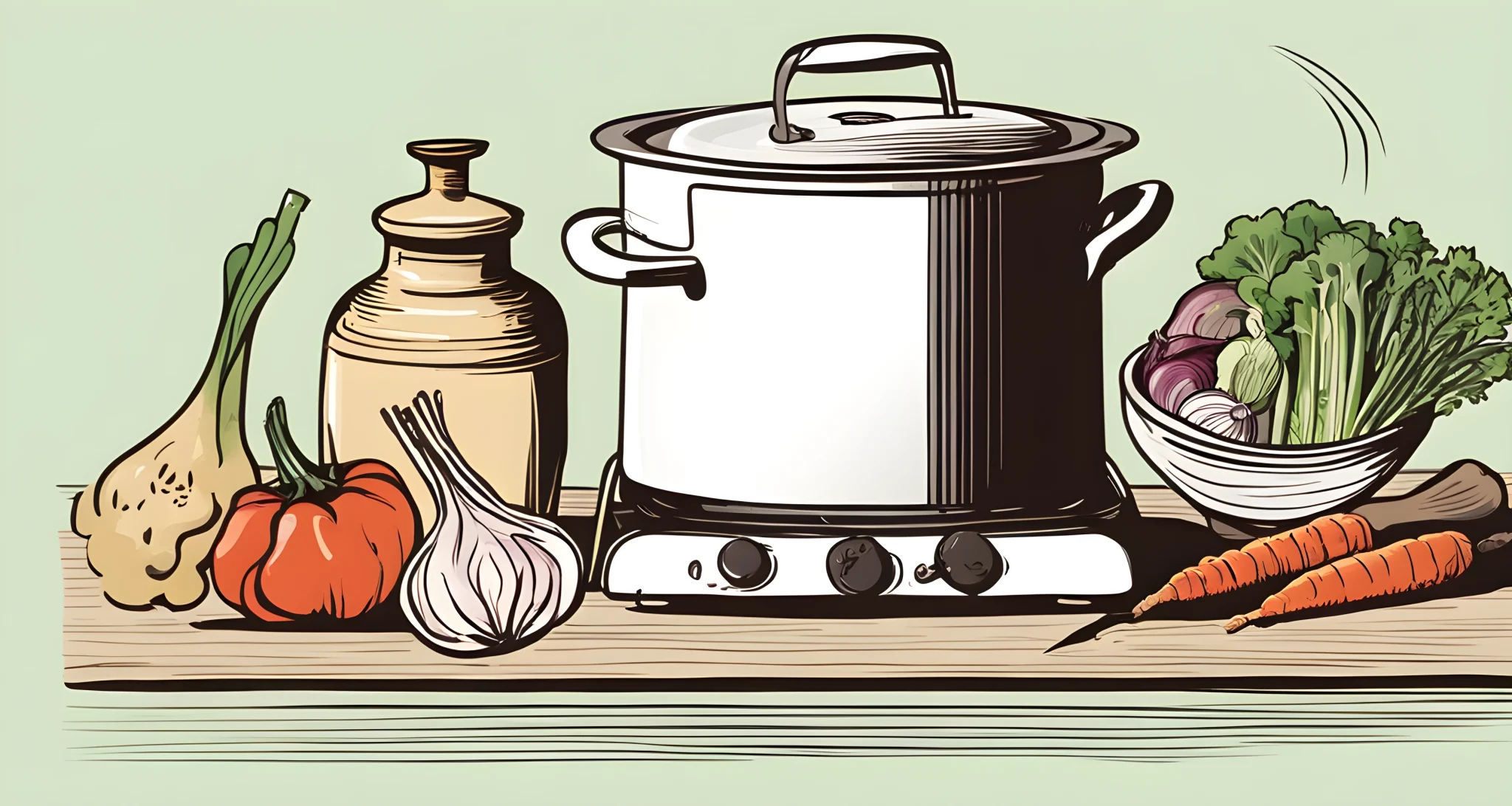 In the image, there is a compact portable stove, a small pot, and a variety of fresh ingredients such as vegetables, grains, and spices.