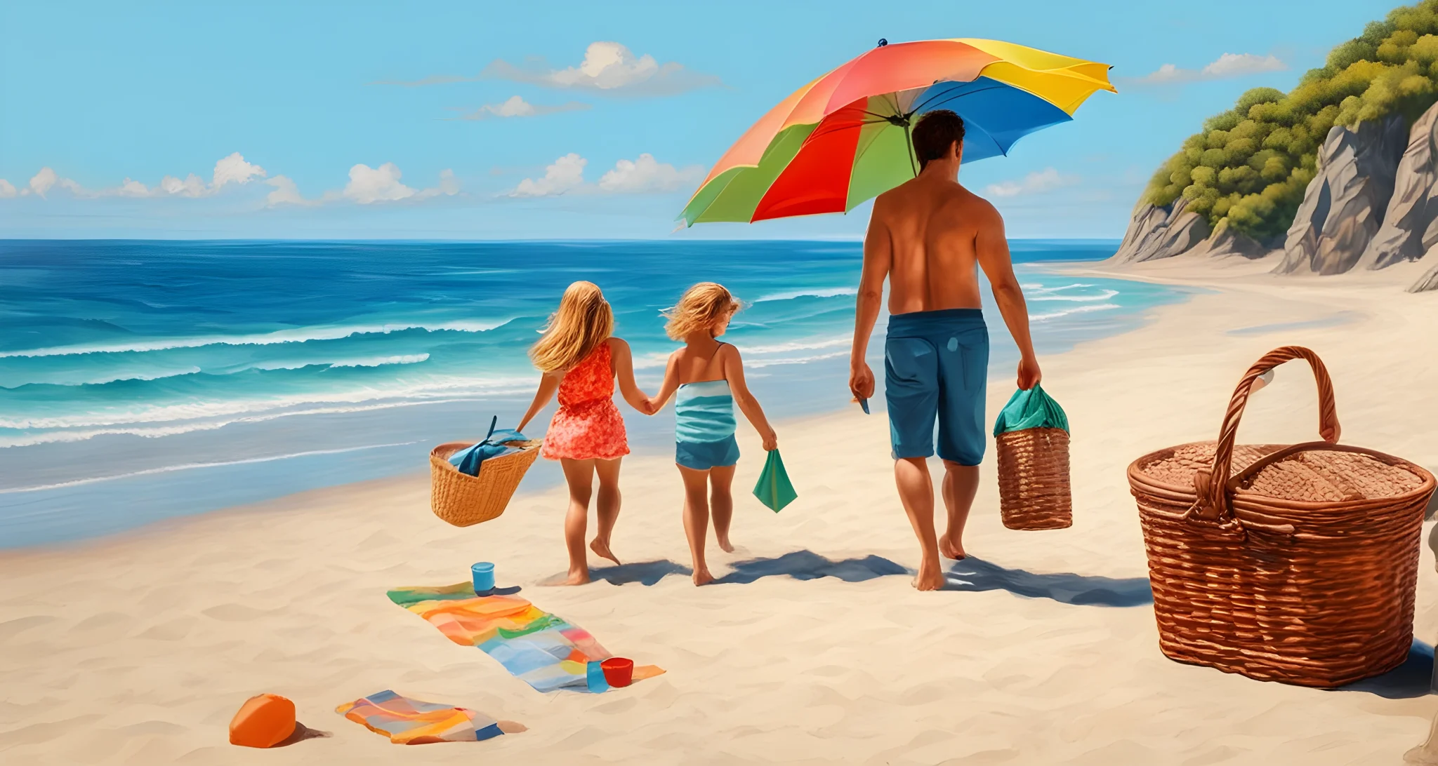 In the image, there is a family of four walking on a sandy beach with a clear blue ocean in the background. A colorful beach umbrella and a picnic basket can be seen in the foreground.