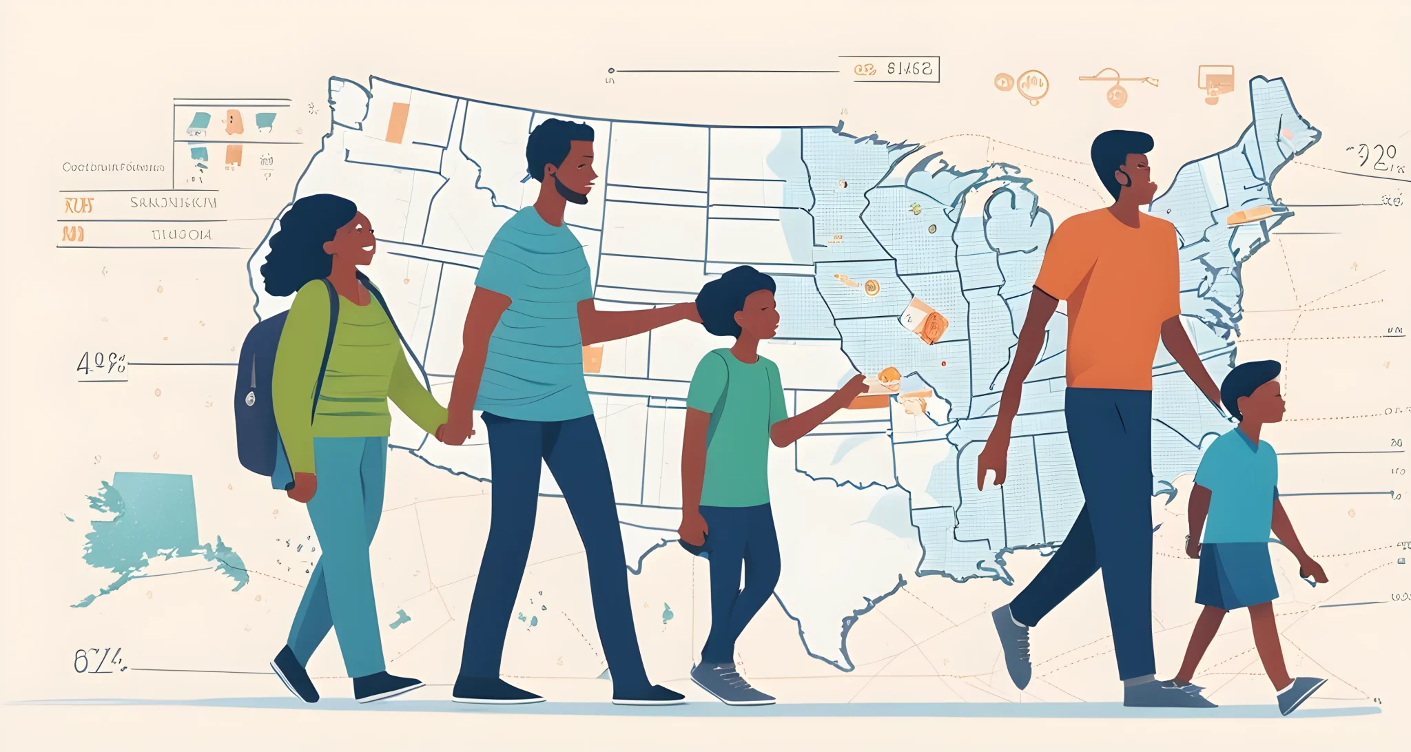 In the image, there is a map of the United States with major cities highlighted, a calculator with budget calculations, and a family of four smiling and walking together.