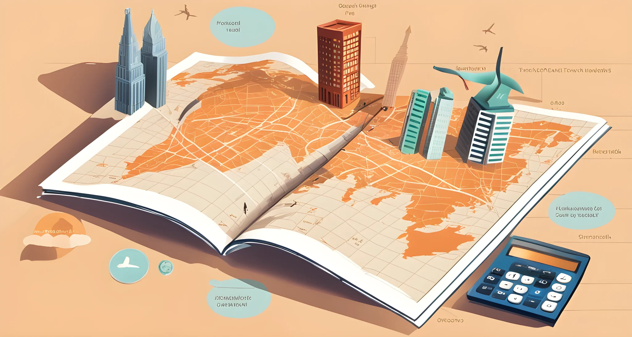 In the image, there is a map with various travel destinations marked, along with a calculator showing the calculation of budget for solo travel.