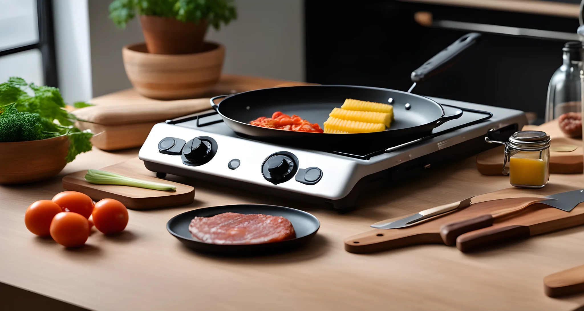 In the image, there is a portable electric stove, a cutting board, and various cooking utensils laid out on a table.