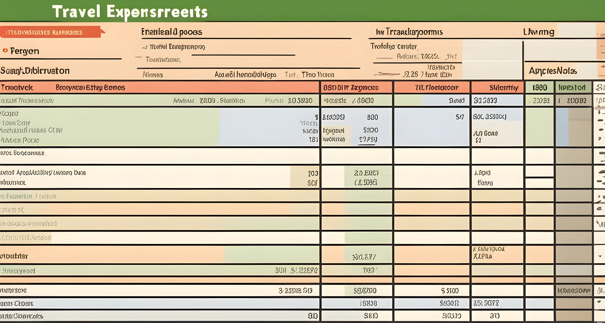 In the image, there is a spreadsheet with detailed categories for travel expenses, including accommodations, transportation, and food.