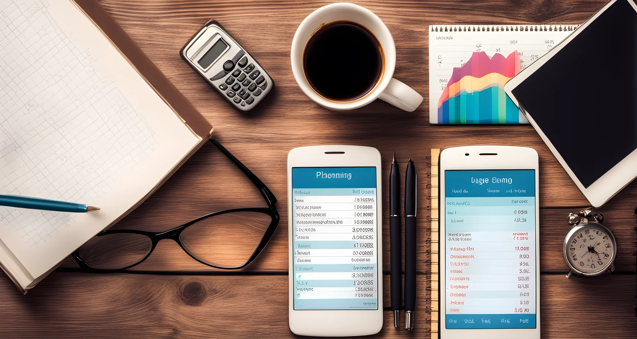 The image depicts a smartphone and a notebook with various lists and charts related to budget planning and average costs of traveling.