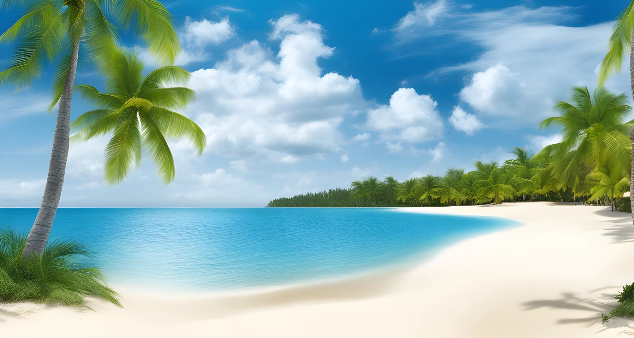 The image features a beautiful beach with clear blue water, white sand, and palm trees.