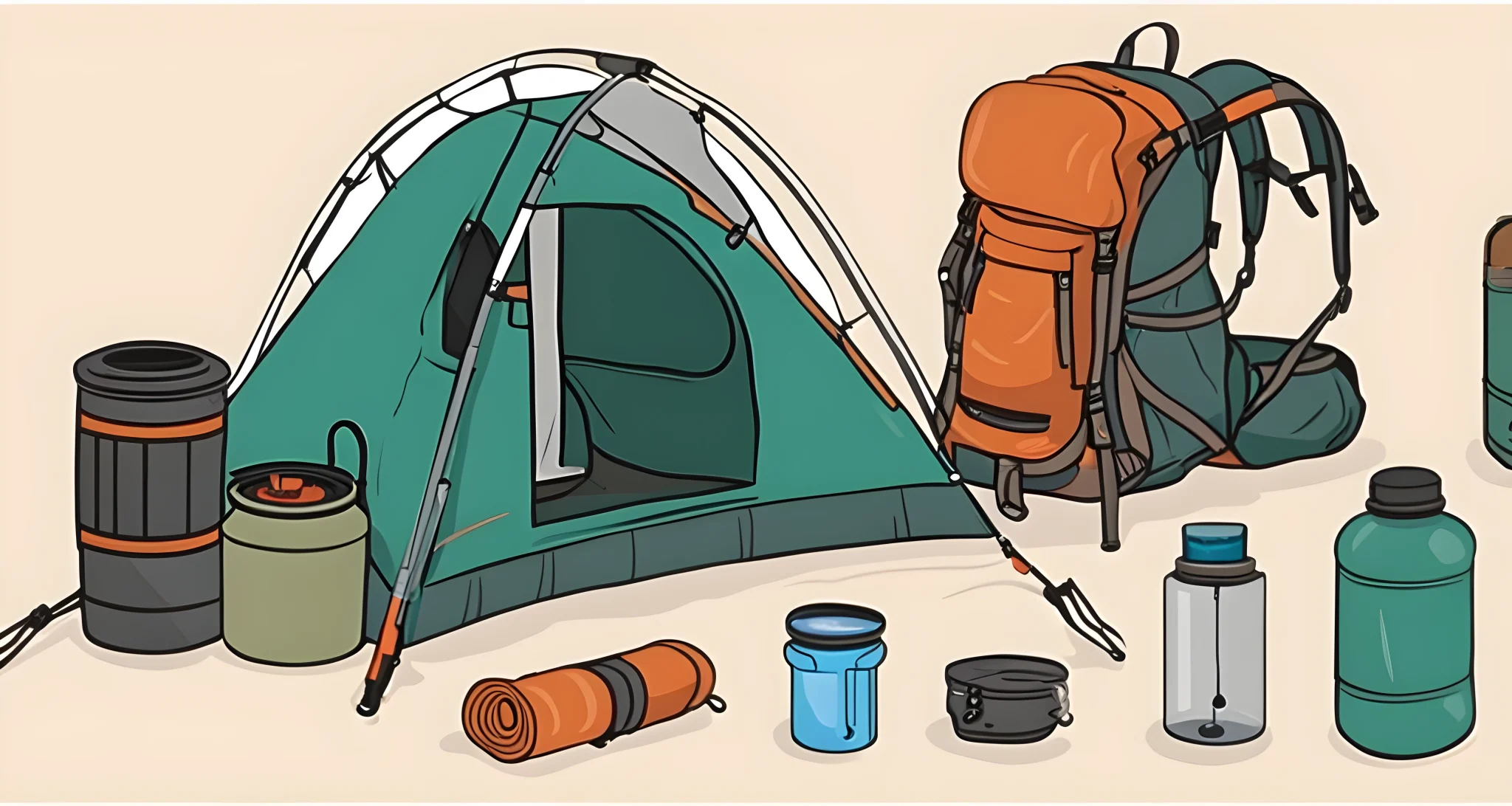 The image features a compact backpack, lightweight tent, sleeping bag, portable stove, and water filtration system.