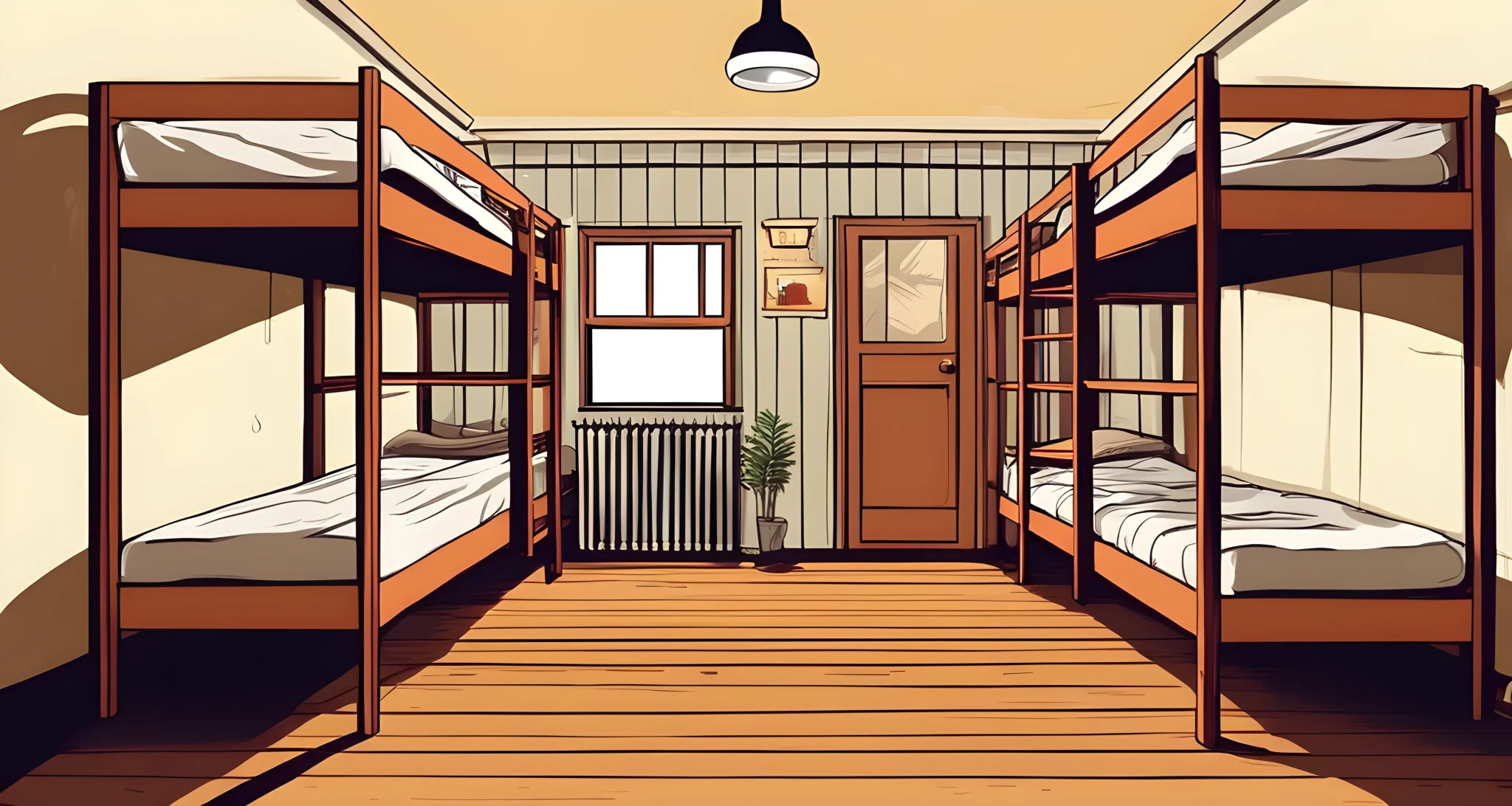 The image features a cozy hostel room with bunk beds, a shared bathroom, and a common area with a kitchenette.