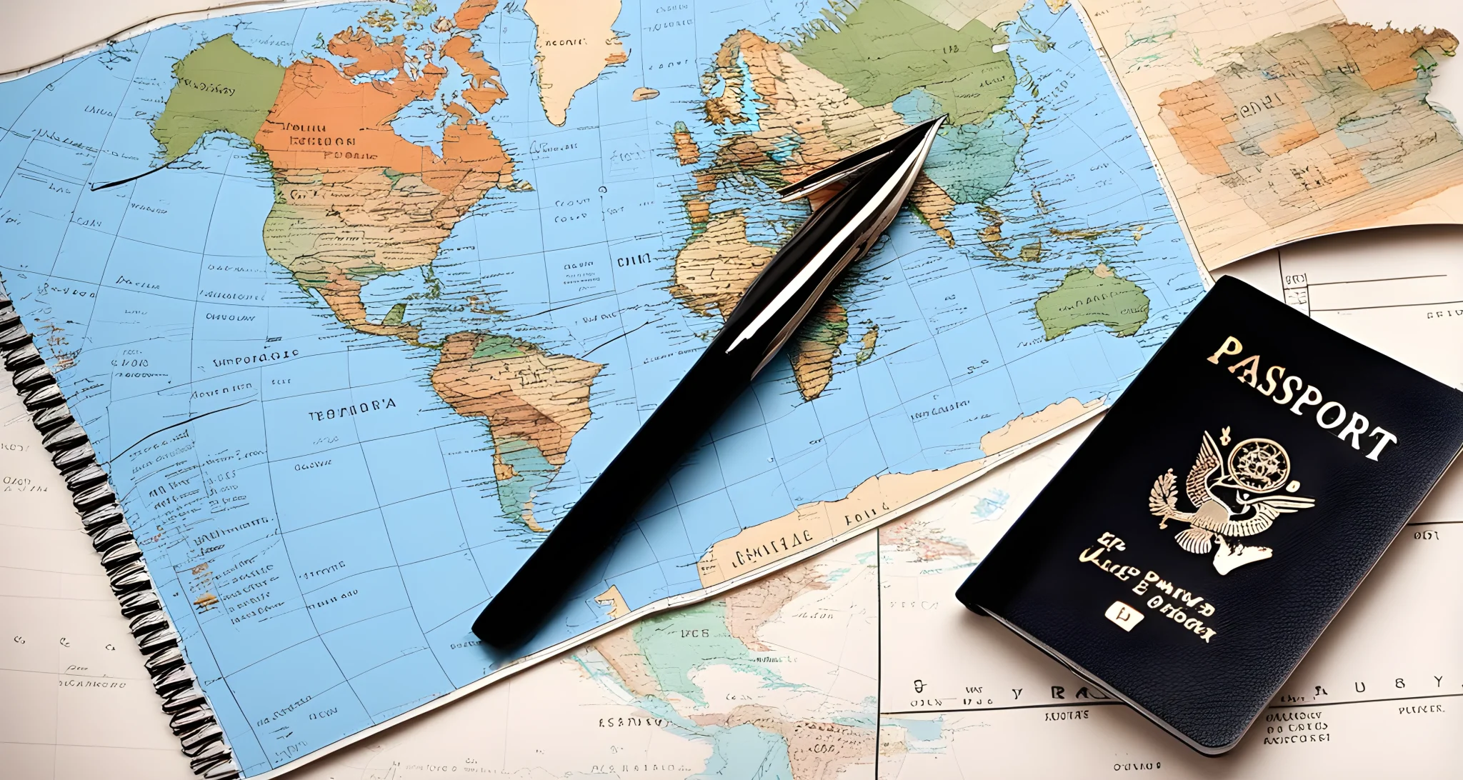 The image features a map, a passport, a plane ticket, and a budget planner.