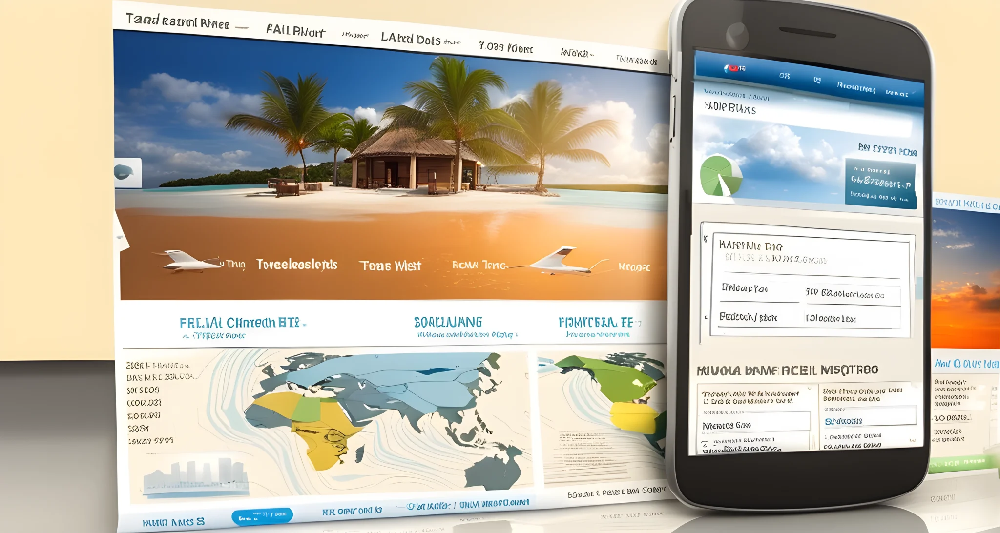 The image features a travel website showing various last-minute flight and hotel deals.