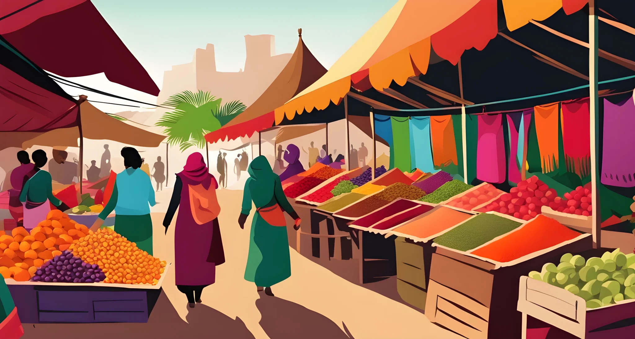 The image features a vibrant marketplace with colorful textiles, handmade crafts, and exotic fruits for sale. A variety of spice and herb stands also fill the bustling marketplace.