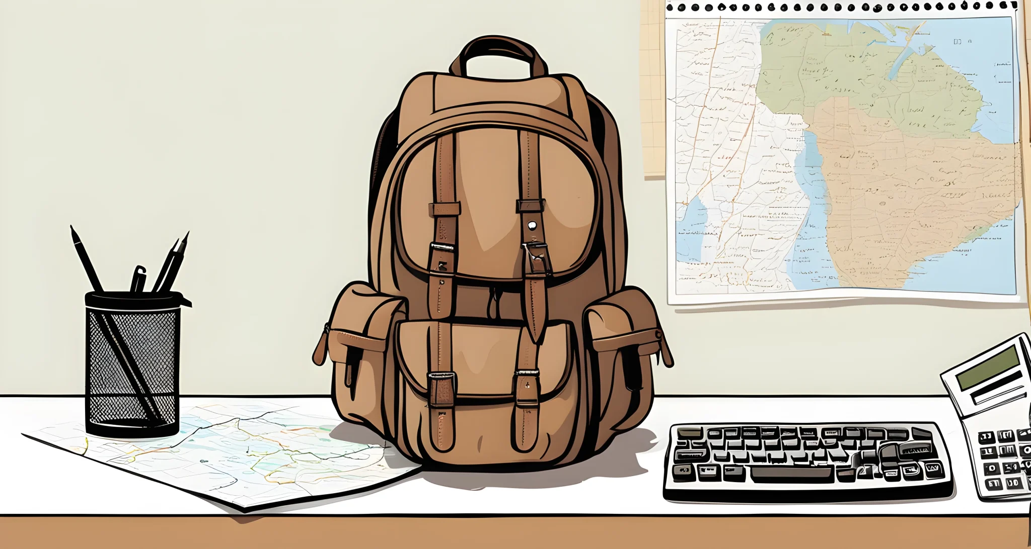 The image shows a backpack, a map, and a calculator on a table.