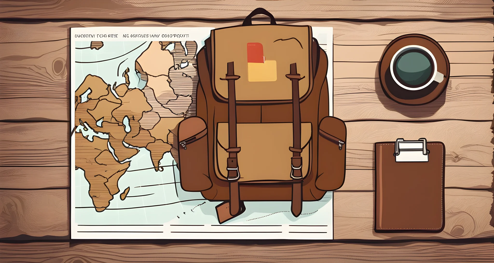 The image shows a backpack, a map, and a passport on a rustic wooden table.