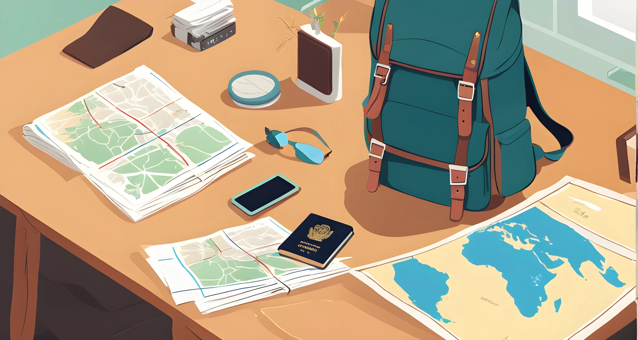 The image shows a backpack, a map, and a passport on a table.