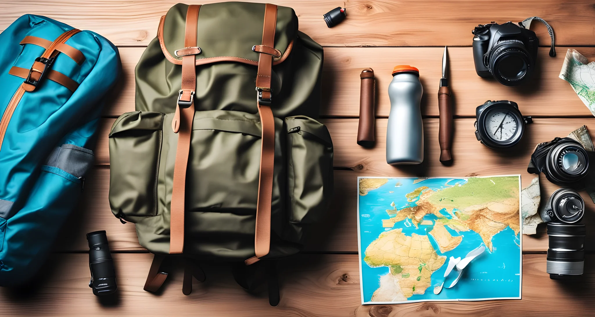 The image shows a backpack, camping gear, and a map spread out on a table.