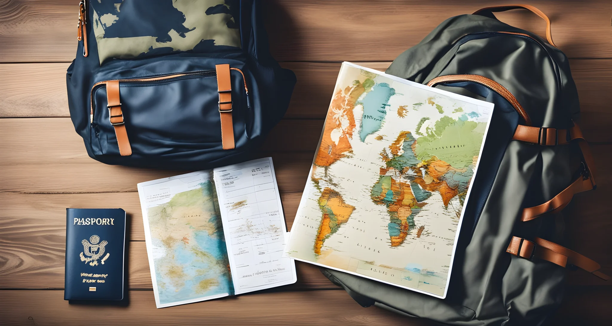 The image shows a backpack, map, and passport on a table.