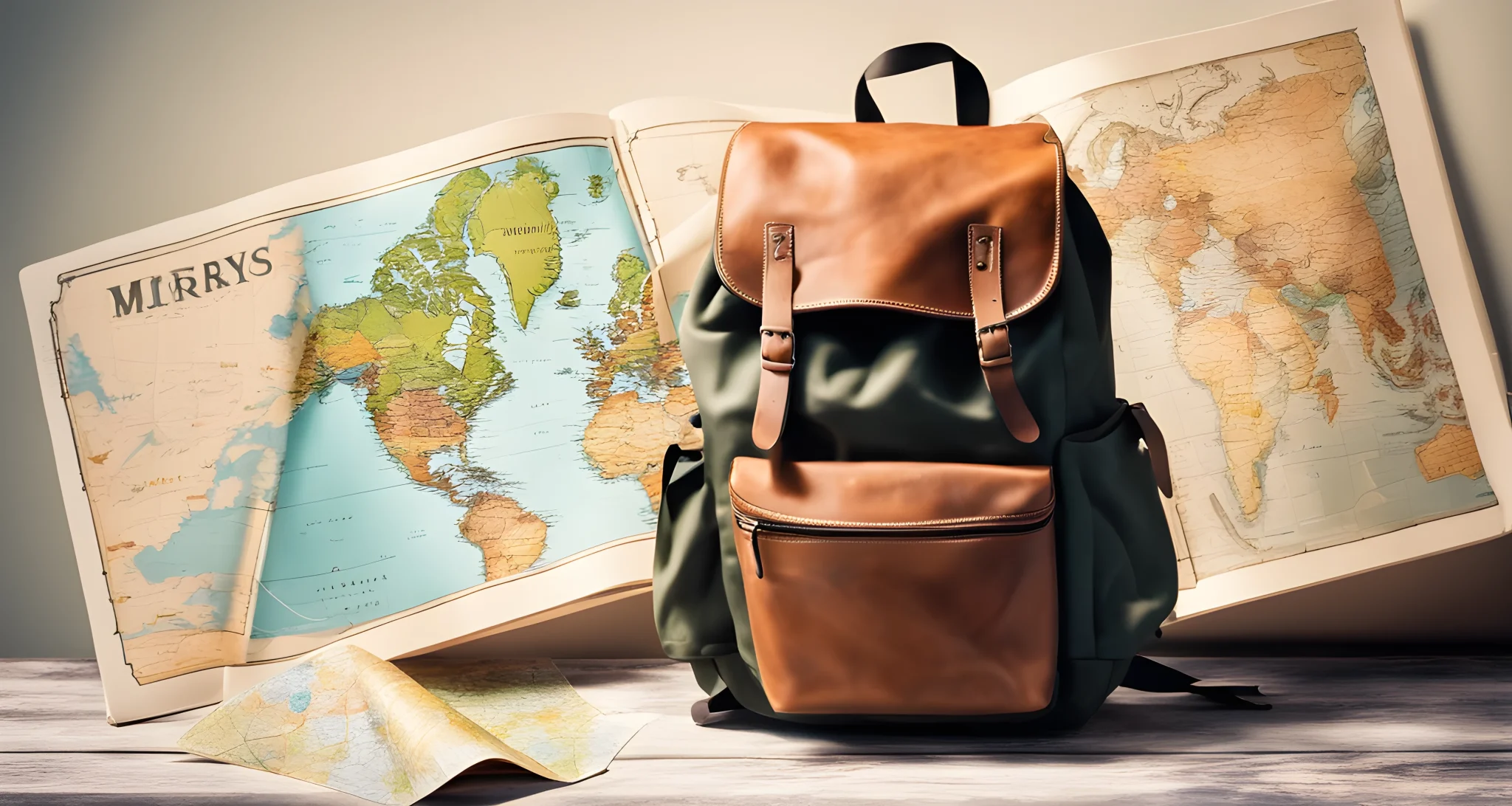 The image shows a backpack, map, and travel guide on a table.