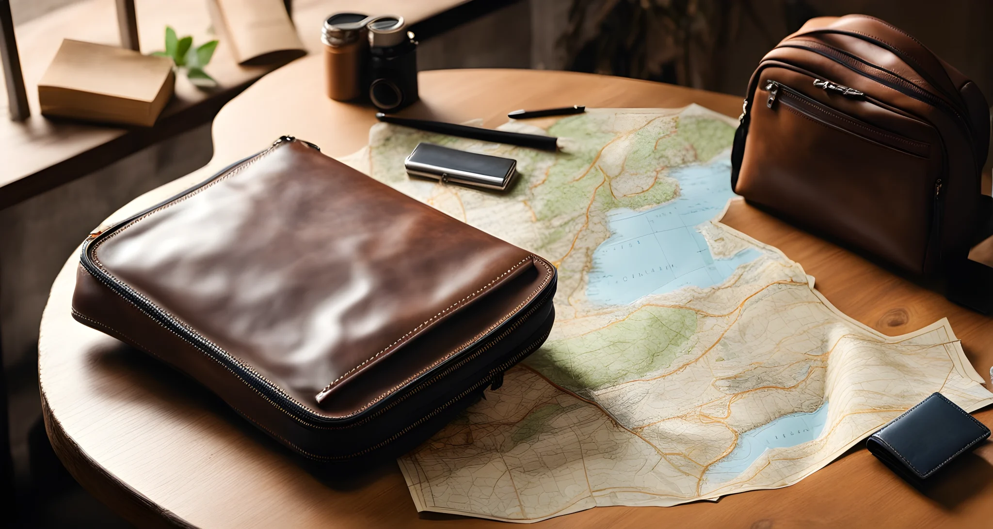 The image shows a backpack, map, and wallet on a table.