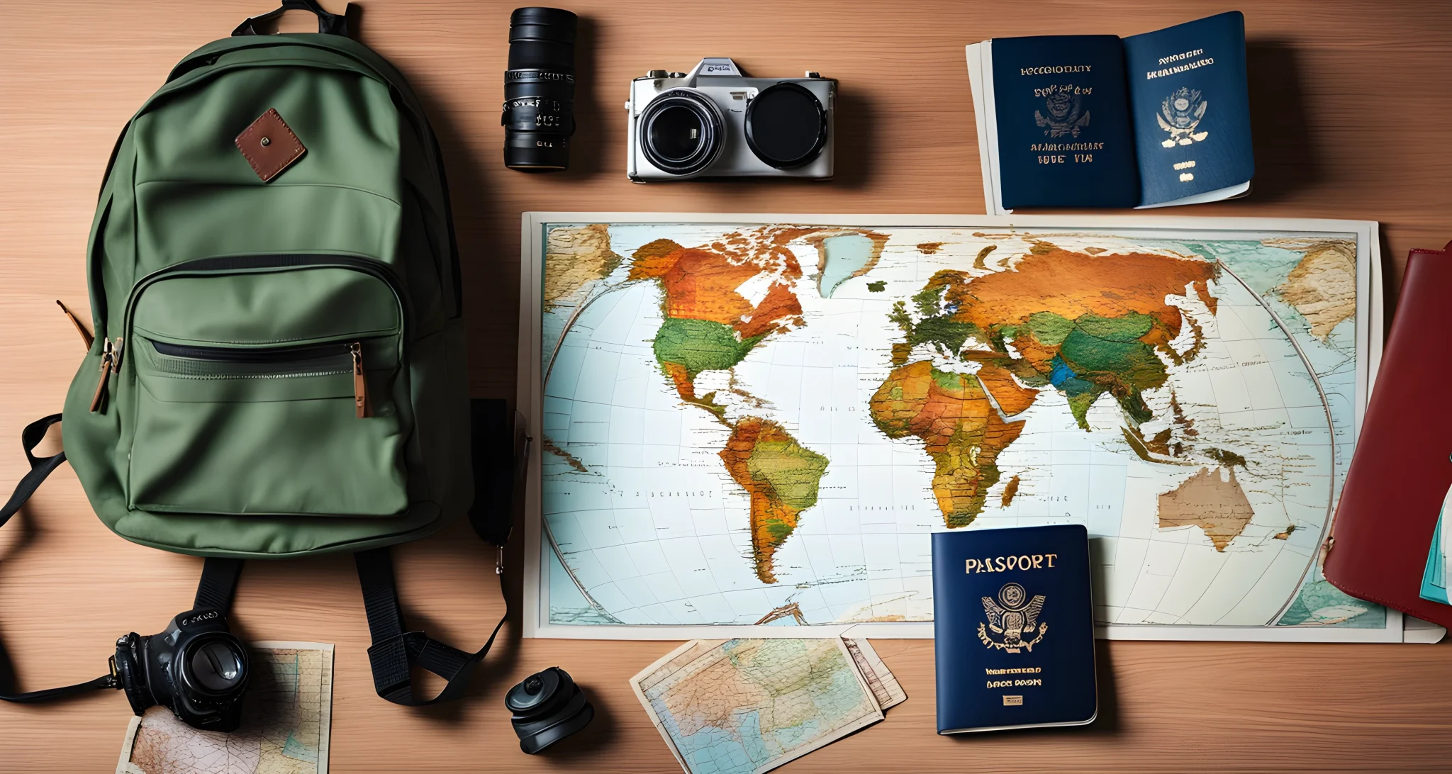 The image shows a backpack, passport, and map laid out on a table.