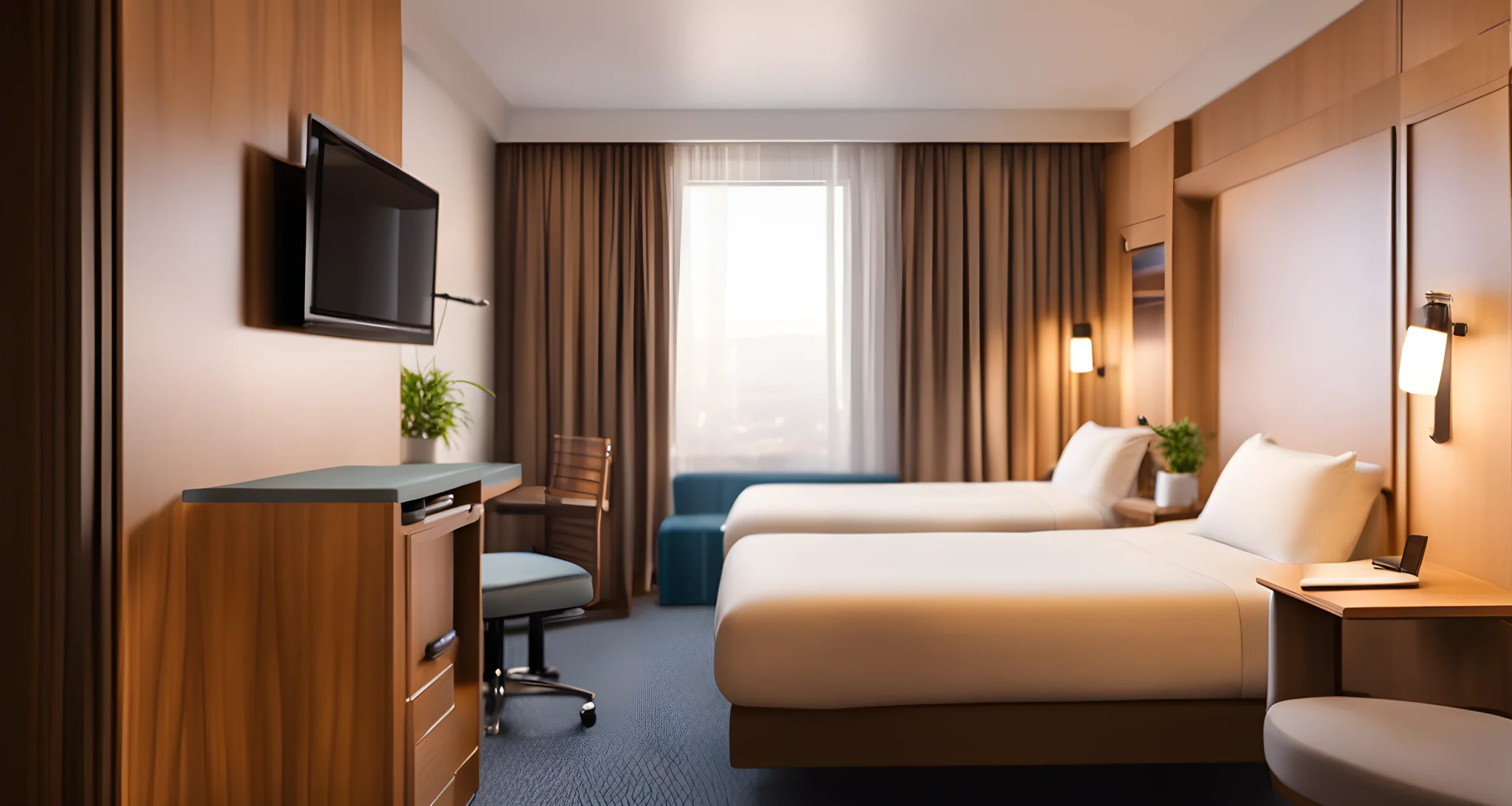 The image shows a basic hotel room with two double beds, a small desk, a TV, and a bathroom with a shower.